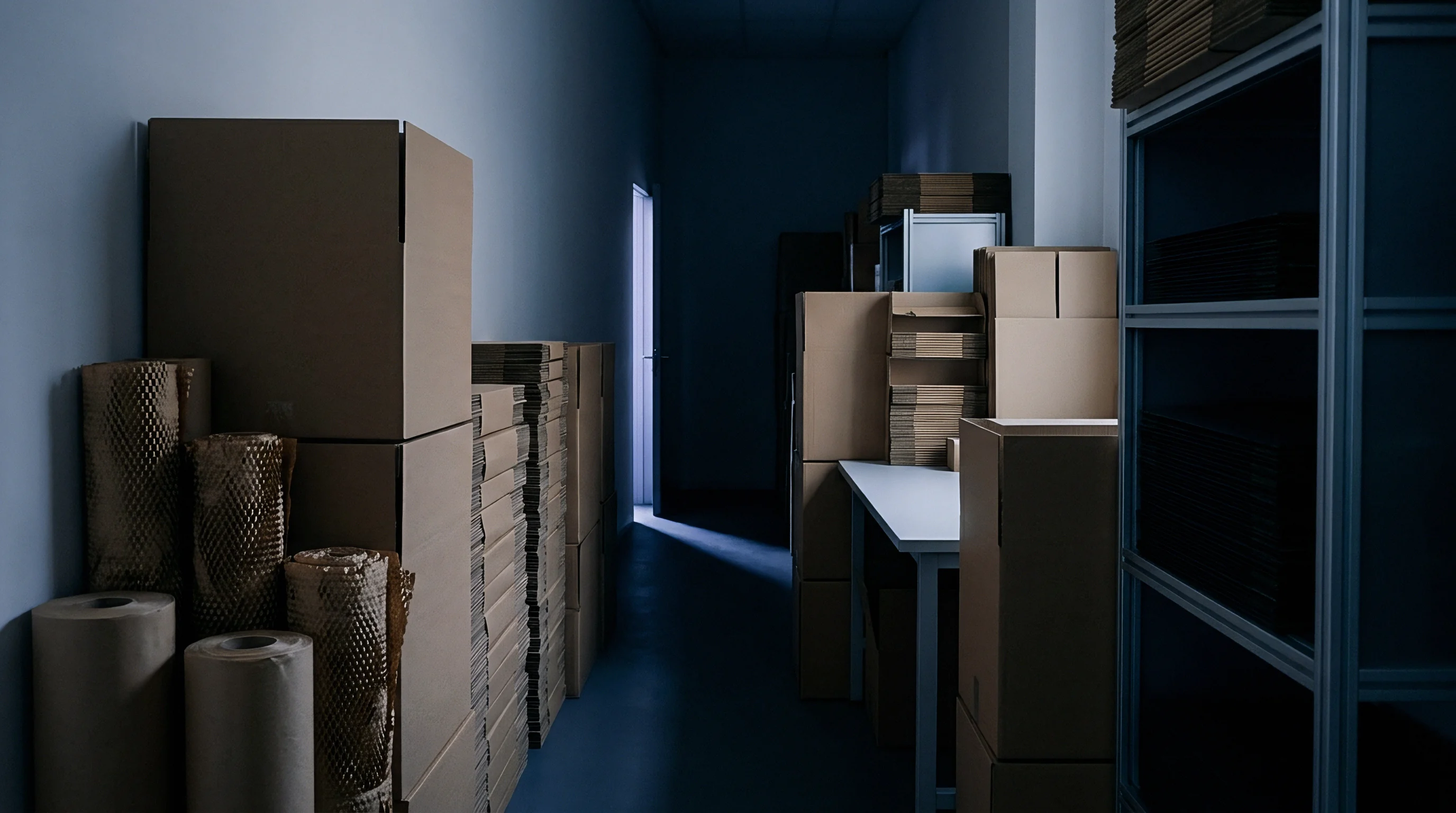 Stacks of corrugated cardboard shipping containers and rolls of protective packaging material fill a quiet warehouse storage aisle near metal shelving units.