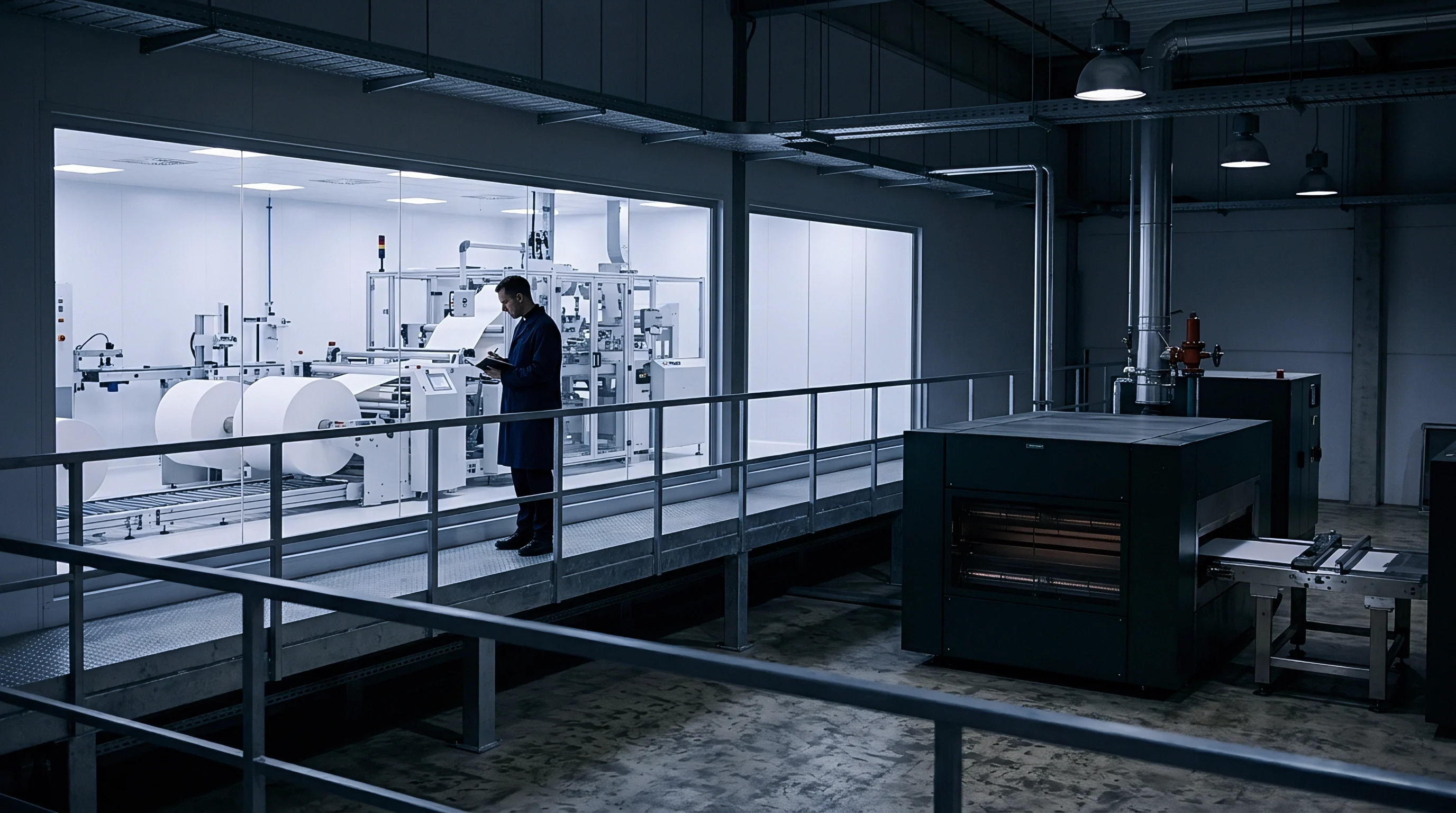 An operator in a dark coat stands behind glass observing a large paper roll unwinding and converting machinery within a cleanroom.