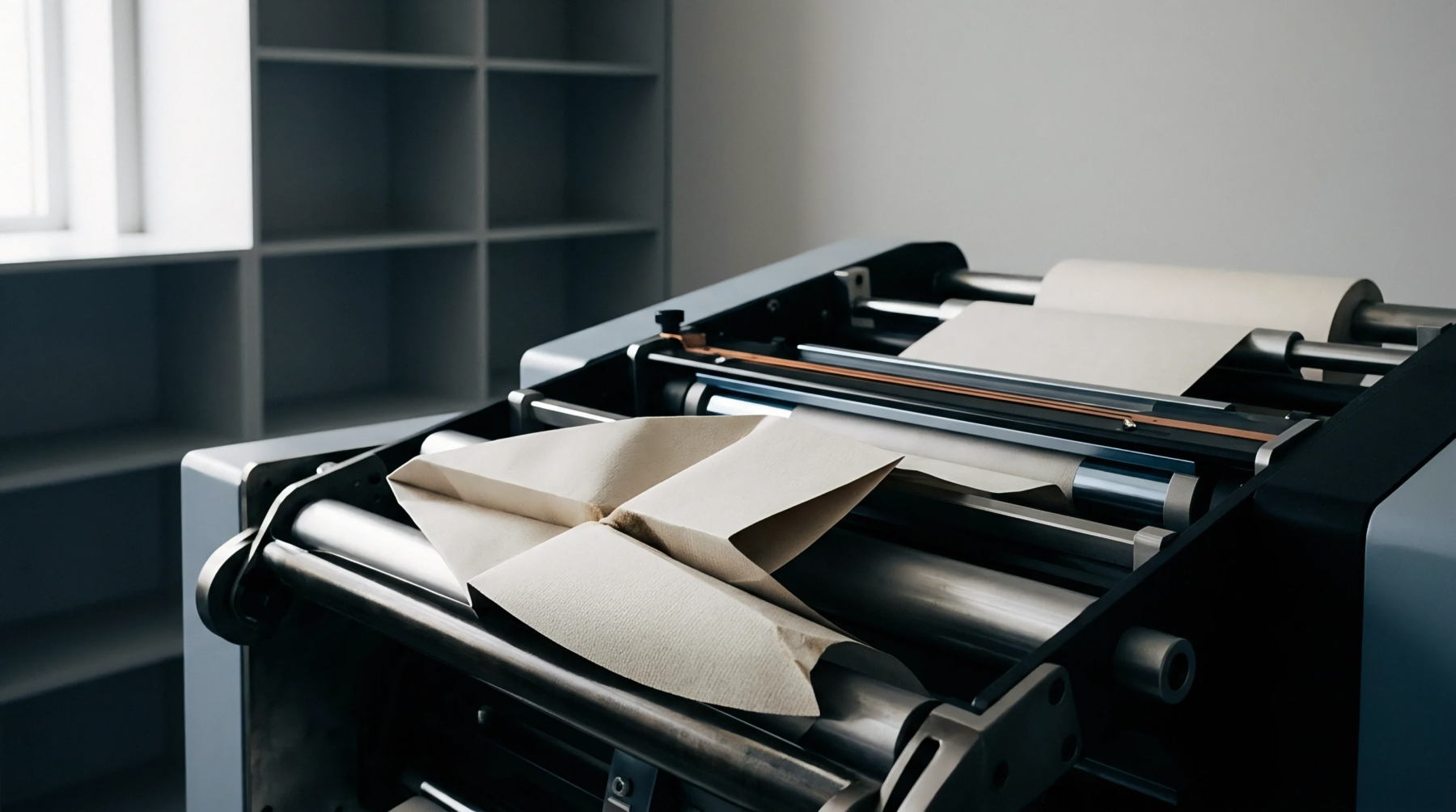 A digital render shows a folded paper blank resting on the rollers of a grey and black paper converting machine.