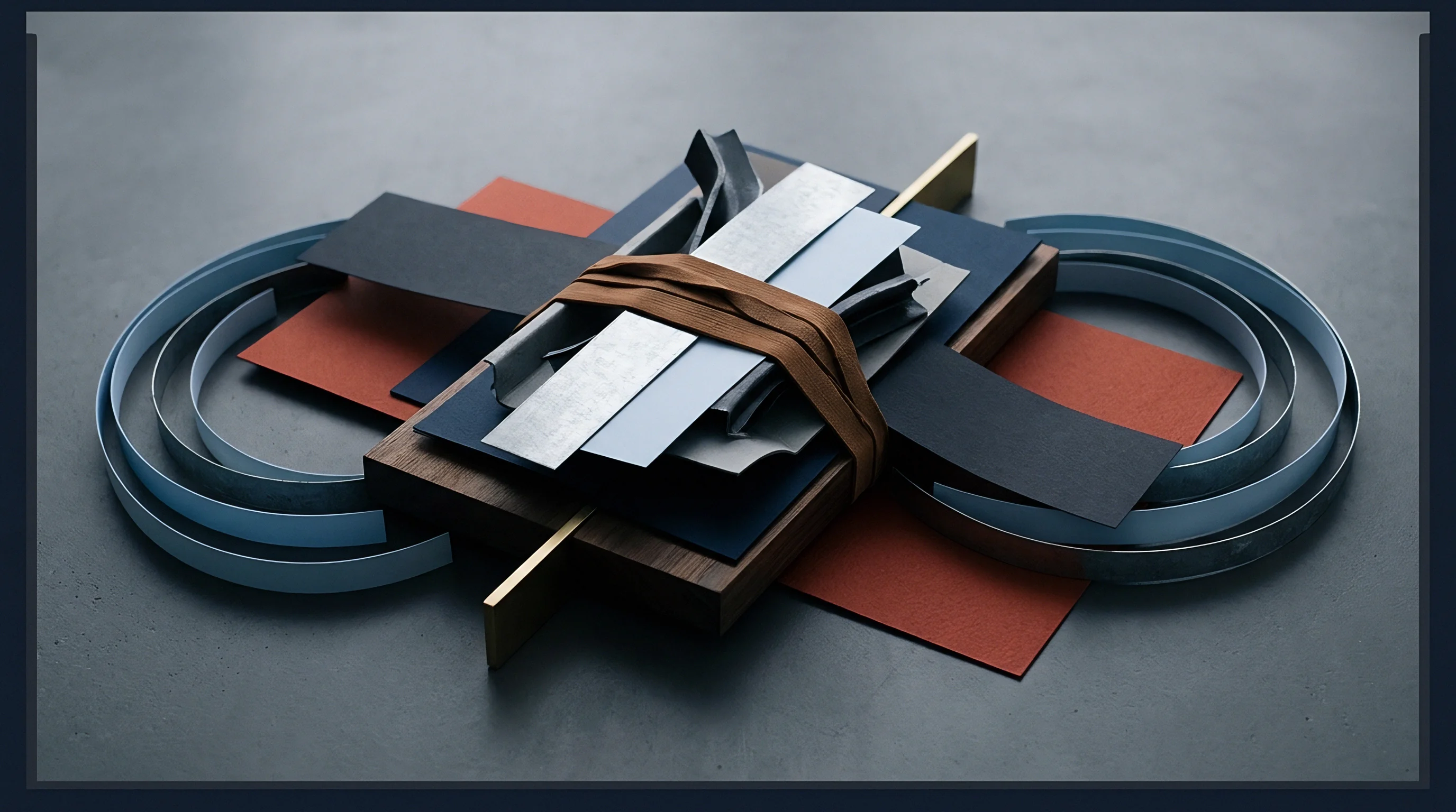 This abstract composition features various substrates including paper cardstock wood and metal strips arranged with binding elements.