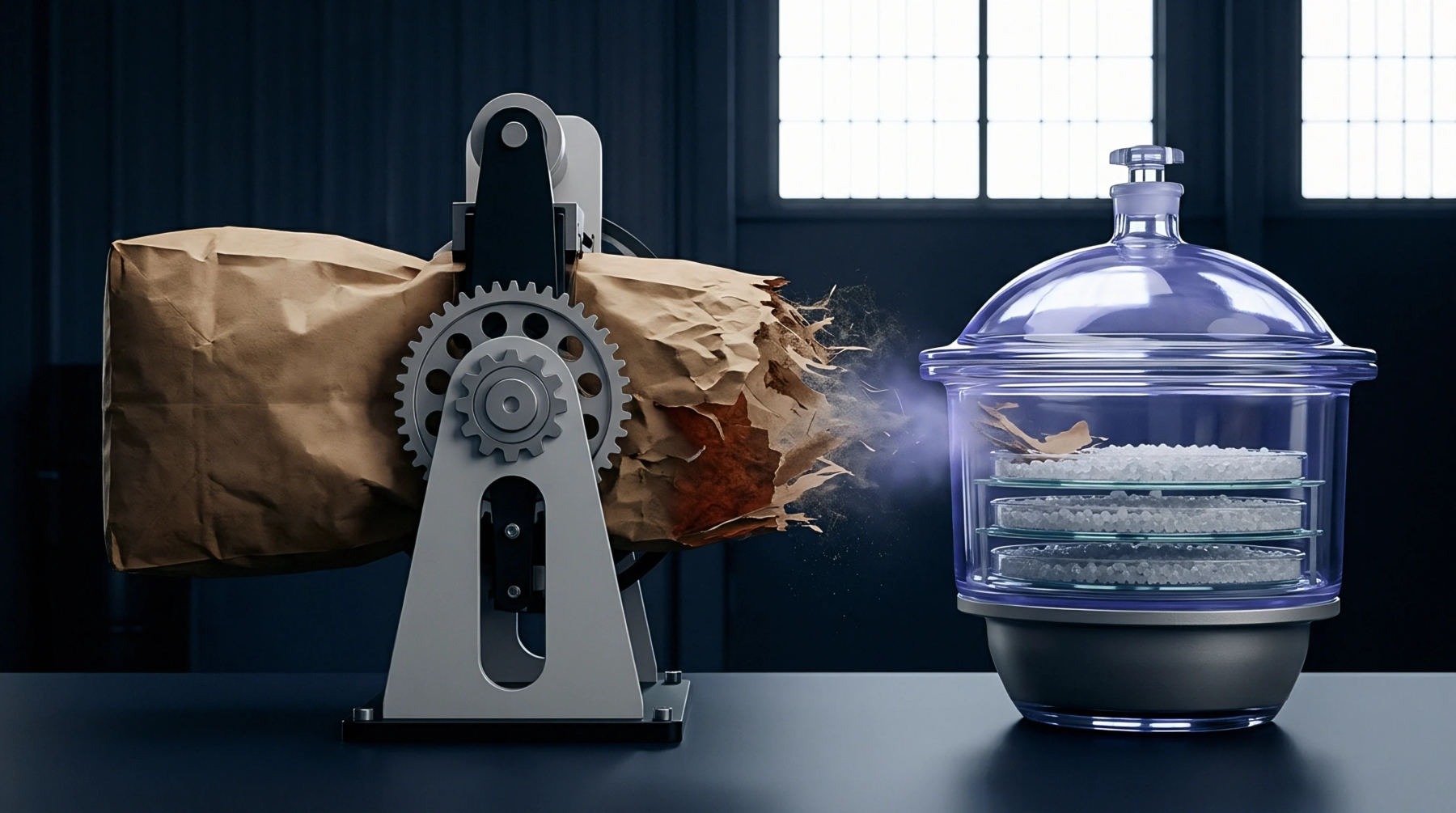 A mechanical gear assembly shreds a brown paper substrate directly into a laboratory desiccator for chemical analysis of moisture content and material composition.