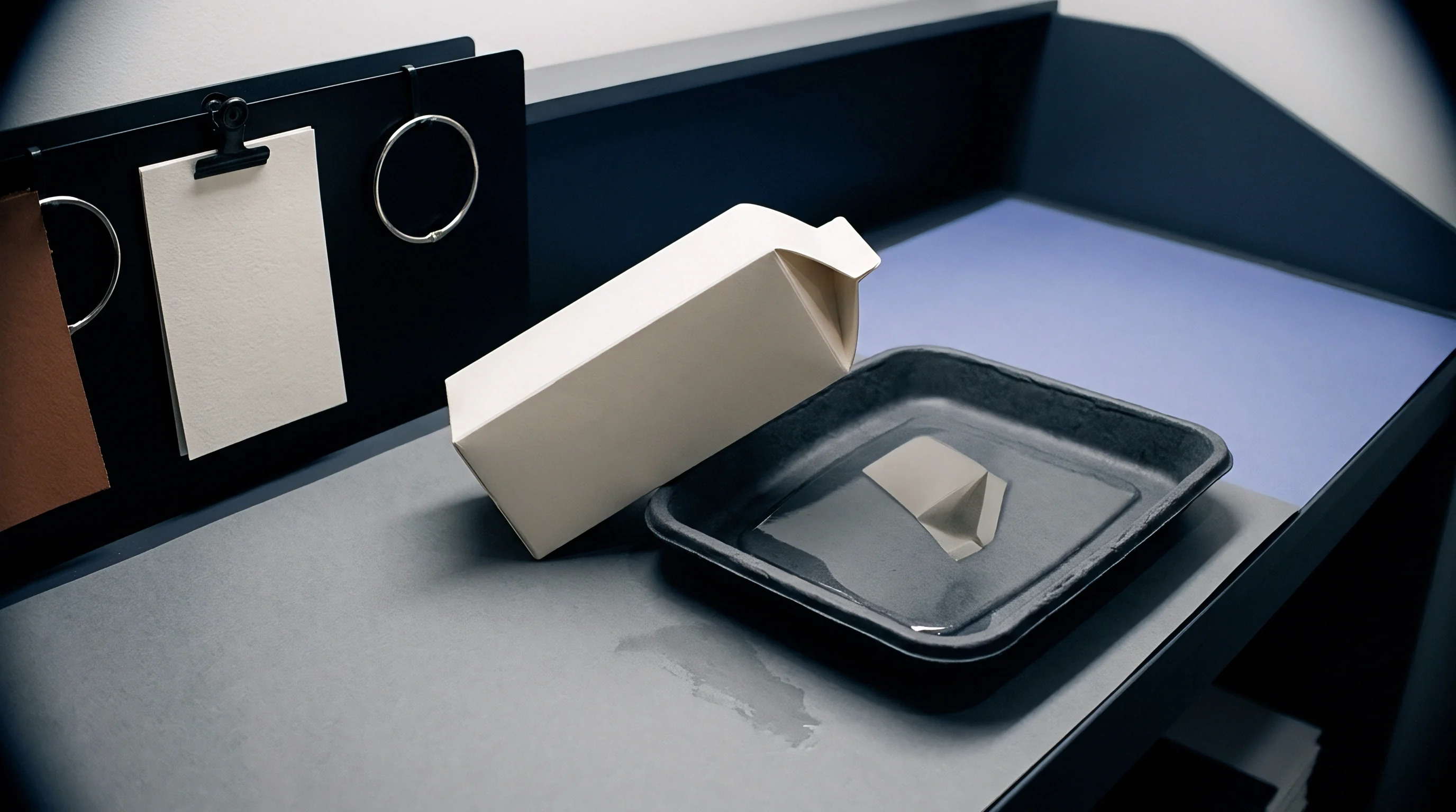 A white paper carton sits on a grey surface next to a black tray holding liquid and a paper insert, adjacent to a sample display organizer.