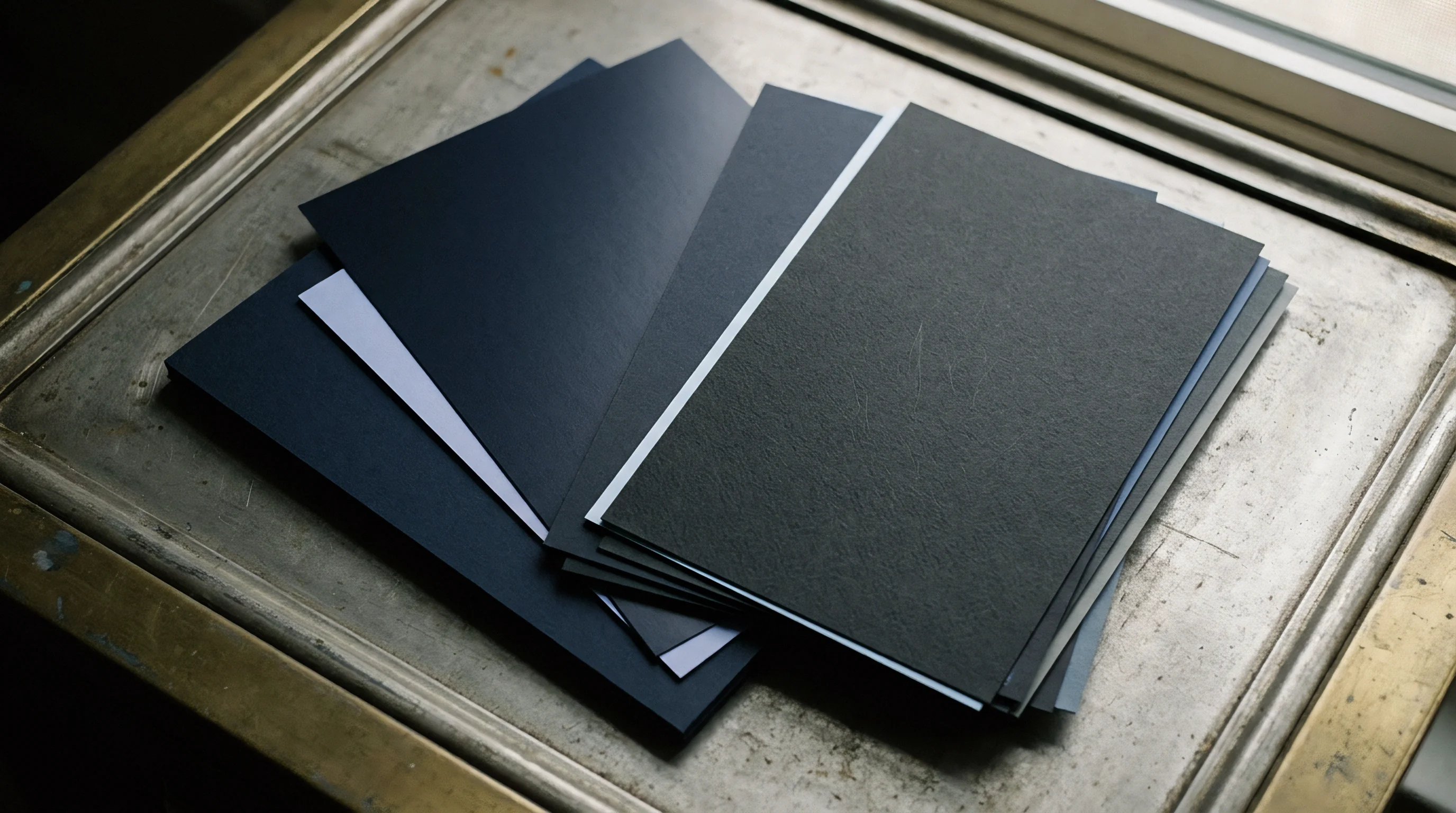 A fanned arrangement of dark paper stocks in shades of black and blue lies upon a metallic surface during material selection.