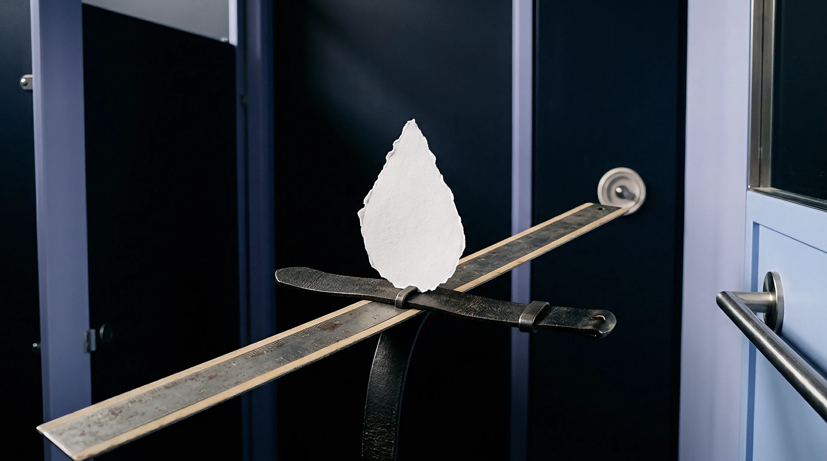 A teardrop shaped sample of white paper substrate rests balanced upon a narrow metal straight edge within a testing laboratory environment.