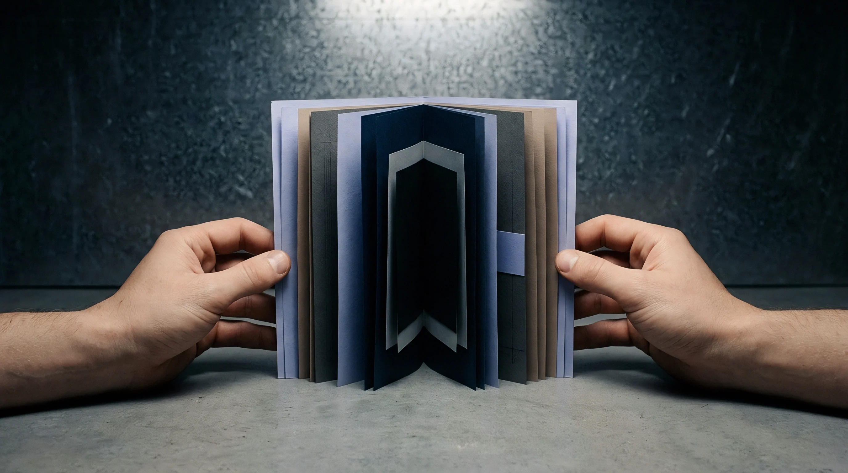 Two hands hold a bound paper sample book displaying nested layers of multicolored heavy paper substrates on a gray work surface.