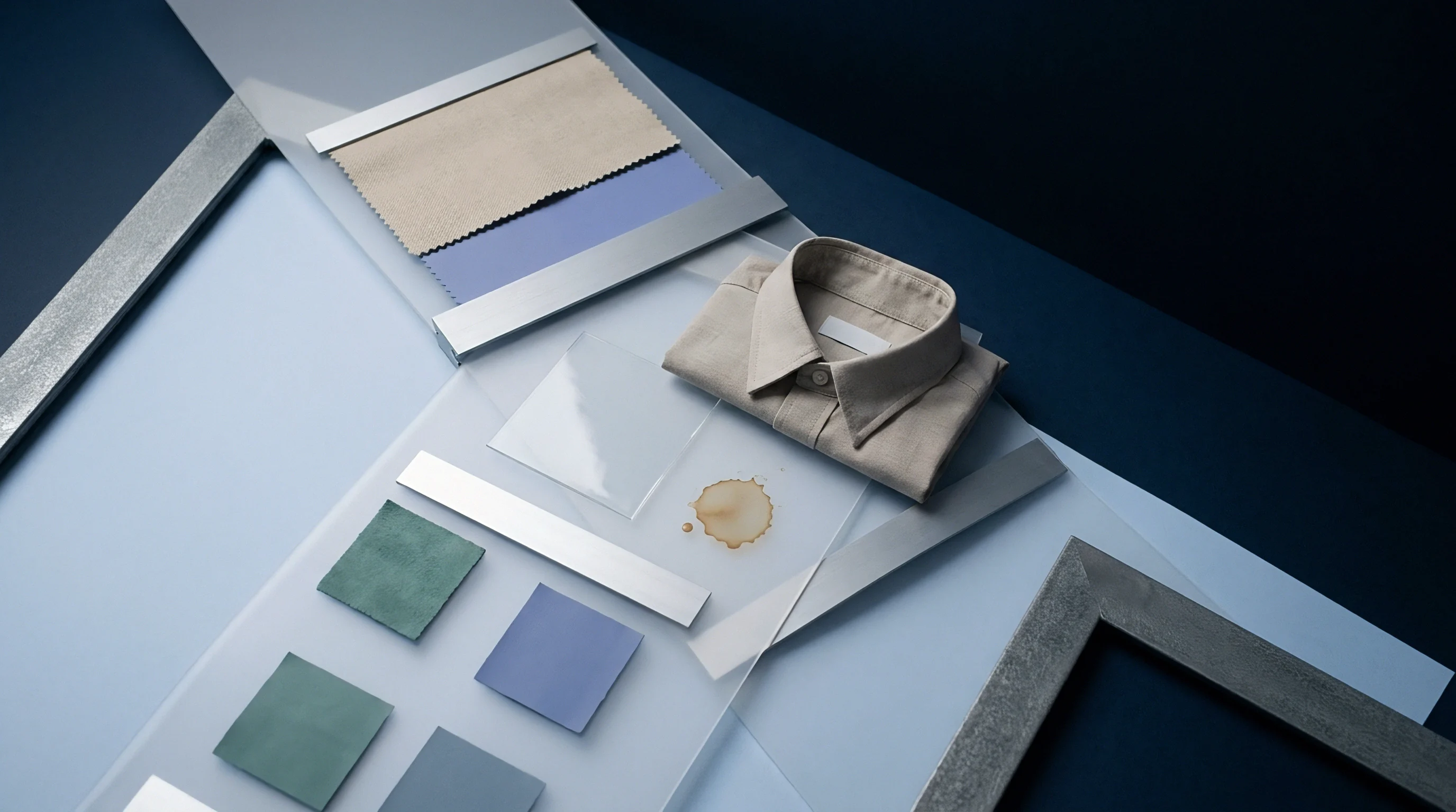 A folded textile sample sits on transparent acrylic sheets near material swatches and a liquid stain against a dark blue background.