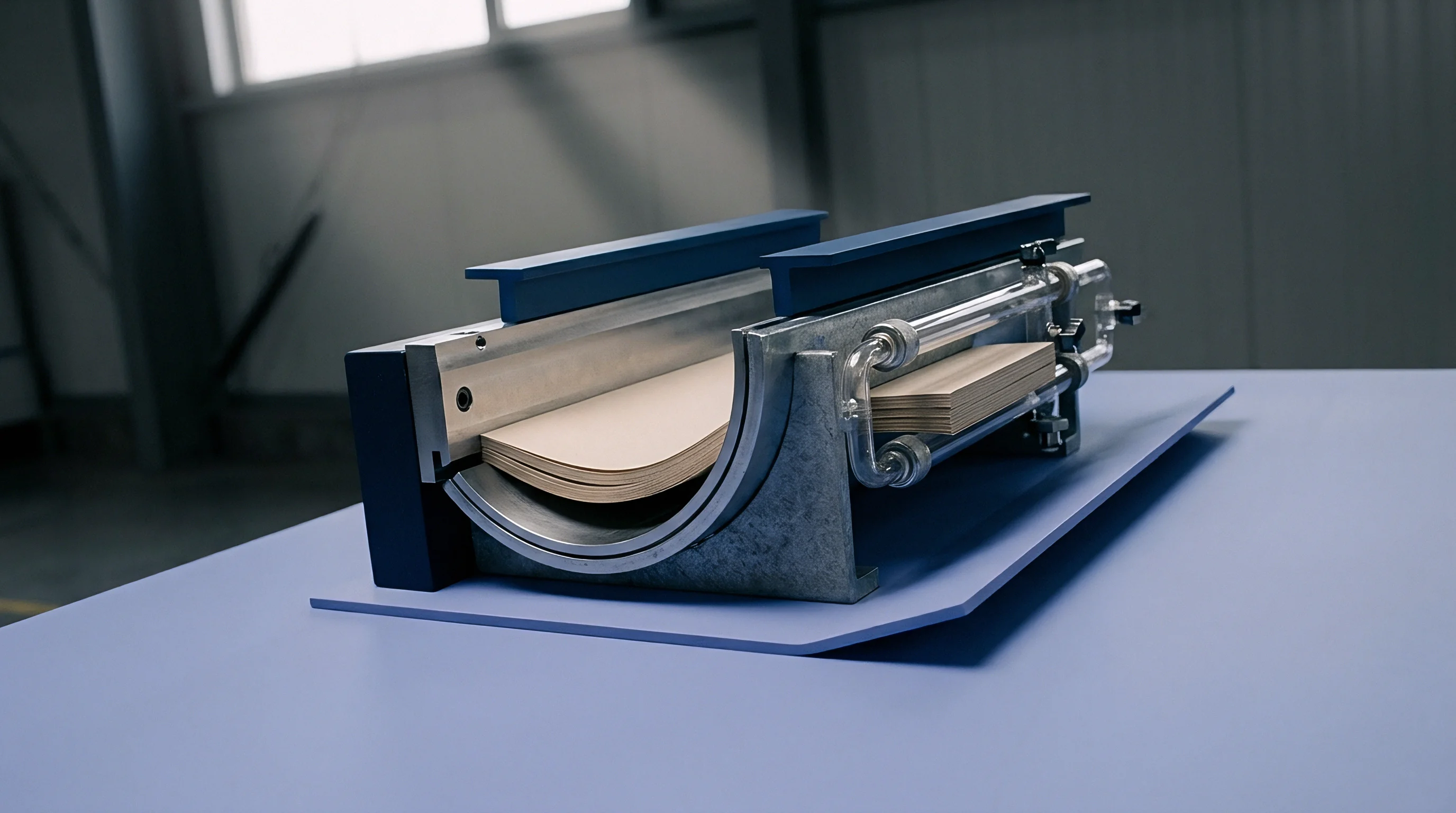 Multiple sheets of heavy paper rest inside an arcuate metal guide of a laboratory testing device resting on a surface.