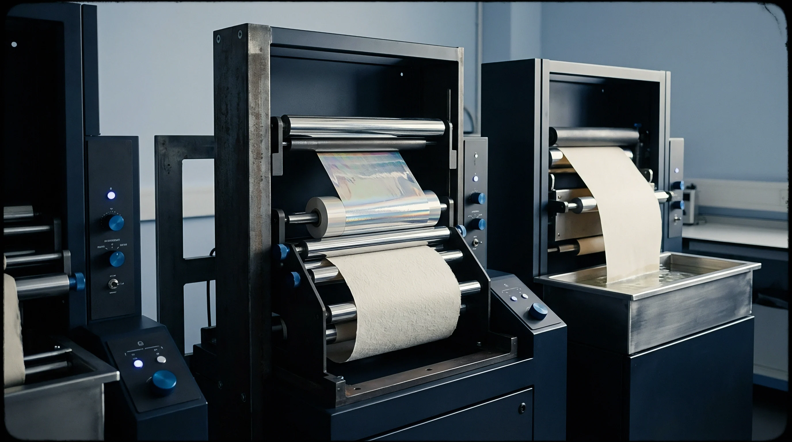 Multiple roll to roll pilot machines process paper webs through coating liquid baths and foil lamination rollers inside a testing laboratory.
