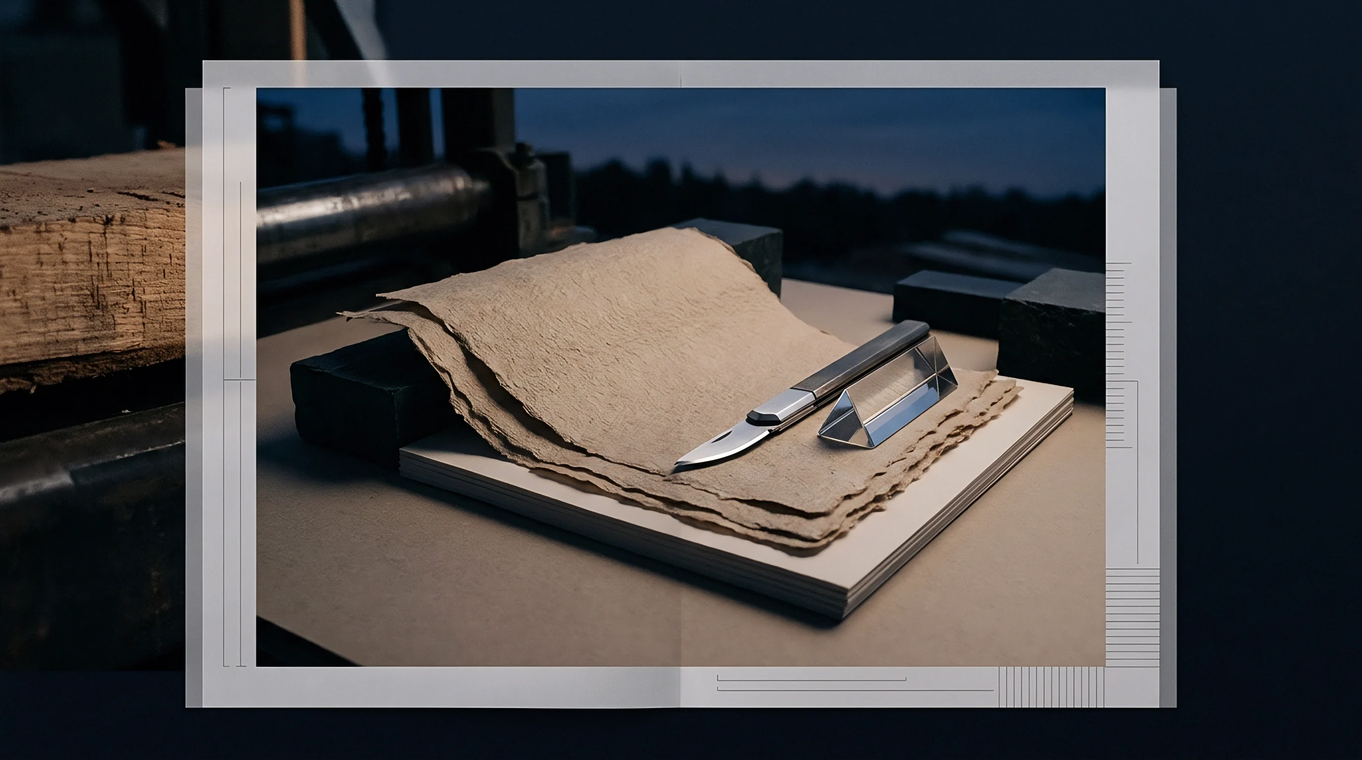 A surgical scalpel and glass prism lie on textured deckled edge paper resting above a stack of smooth printing substrate inside a manufacturing facility.