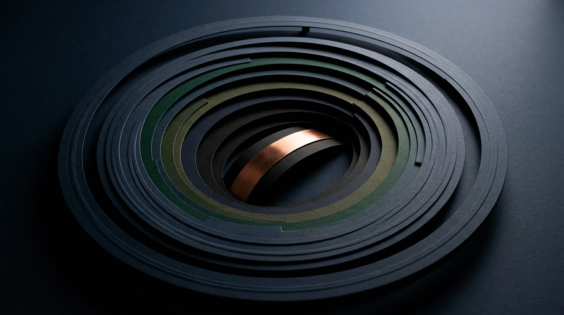 Concentric rings of heavy paper stock in varying dark tones surround a central metallic copper band on a matte surface in this digital graphic.