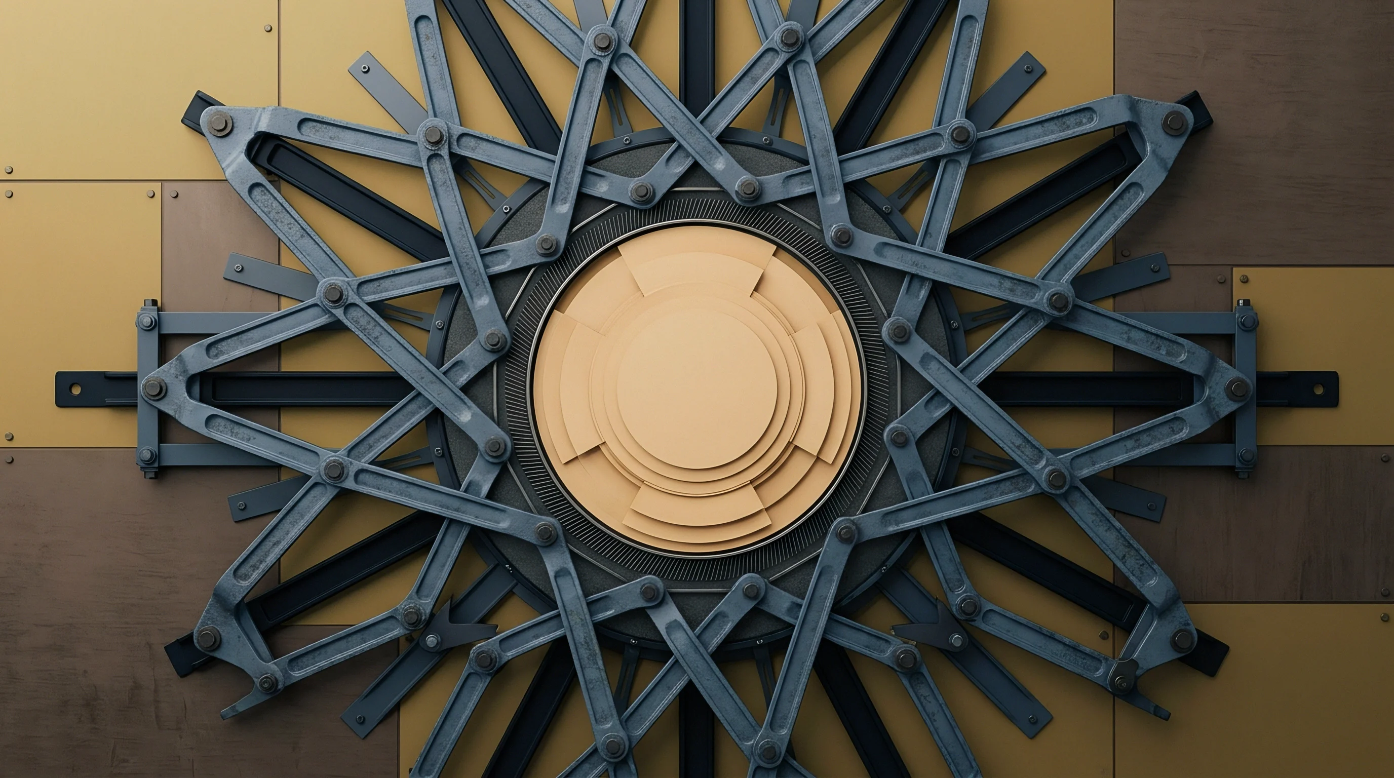 This rendered illustration shows a complex mechanical assembly featuring an articulated linkage system centered around layered circular elements against a panelled background.