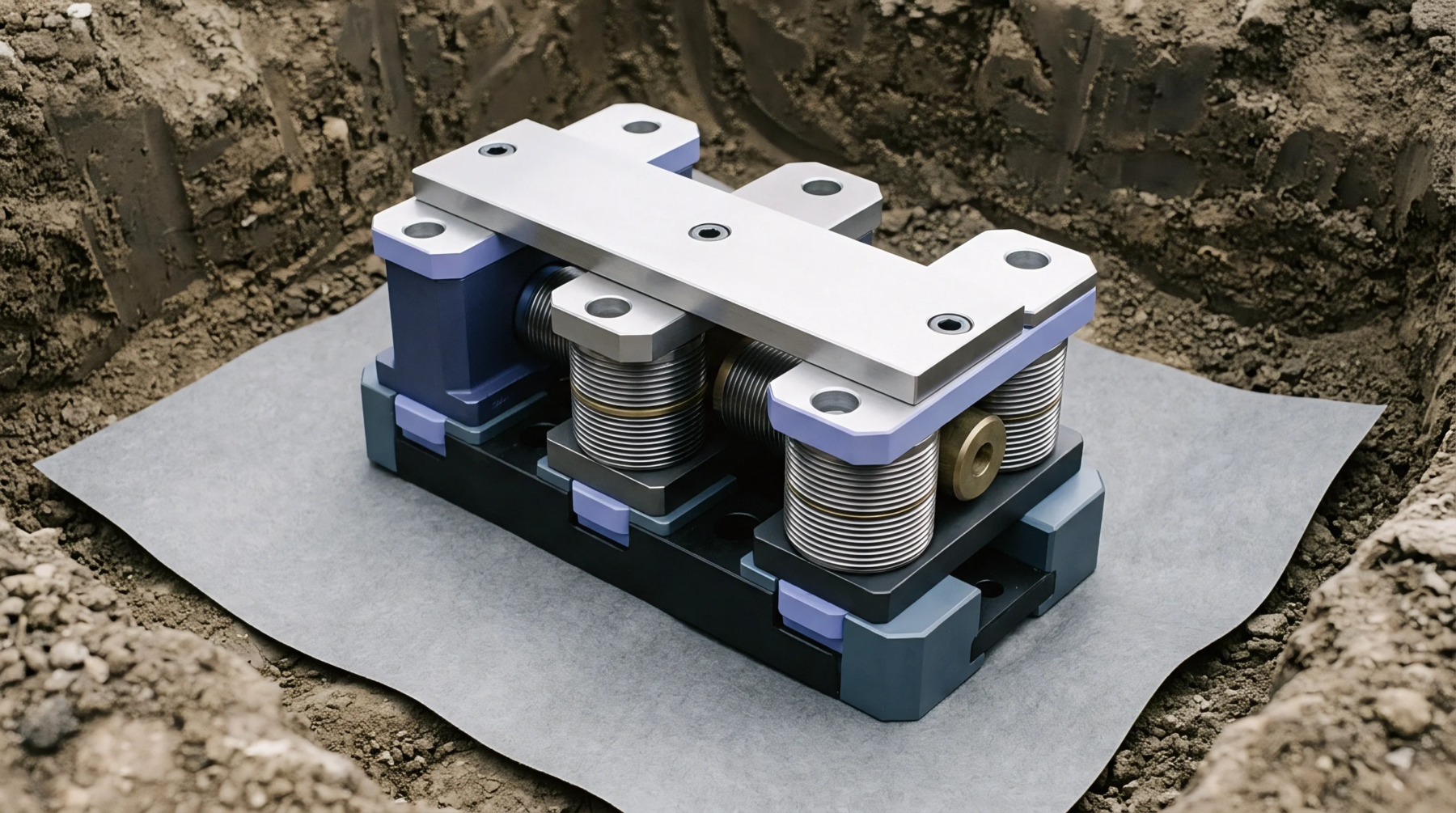 A 3D render displays a heavy industrial press die component resting inside a dirt excavation site to demonstrate structural precision in manufacturing hardware.
