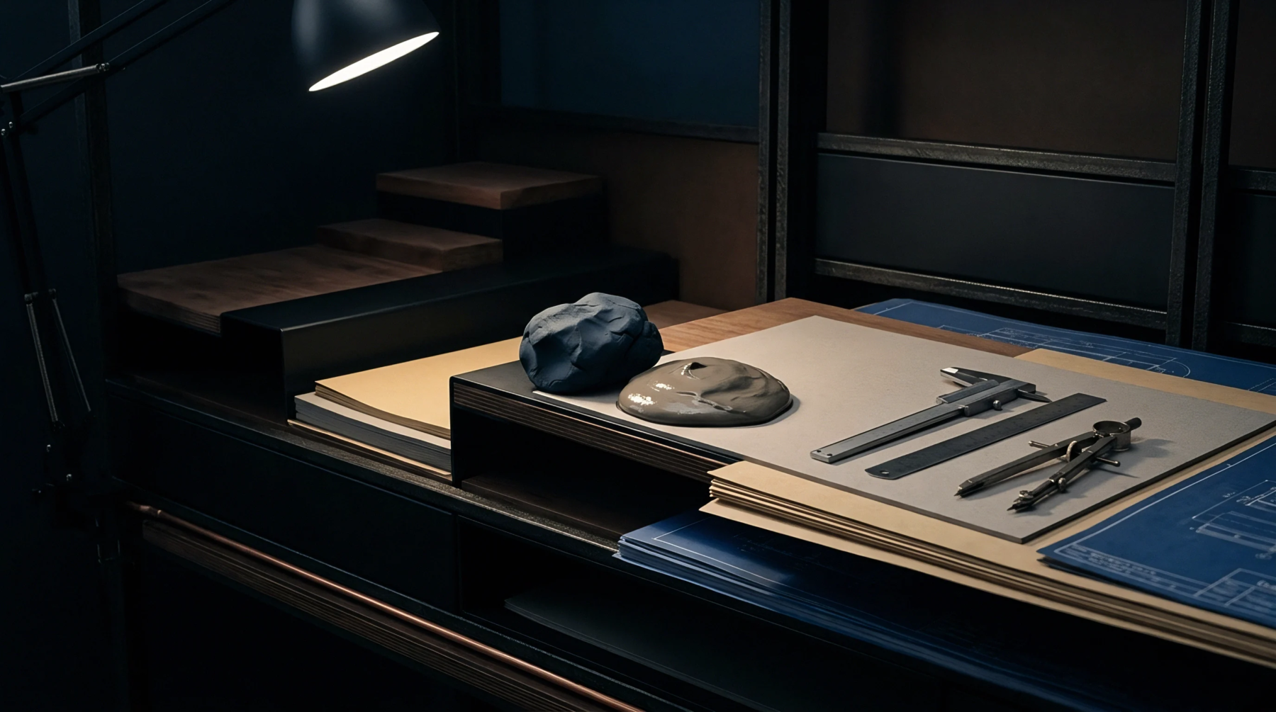 A digital render displays raw malleable material, professional drafting tools, and blueprint documents arranged upon an industrial workbench under focused task lighting.