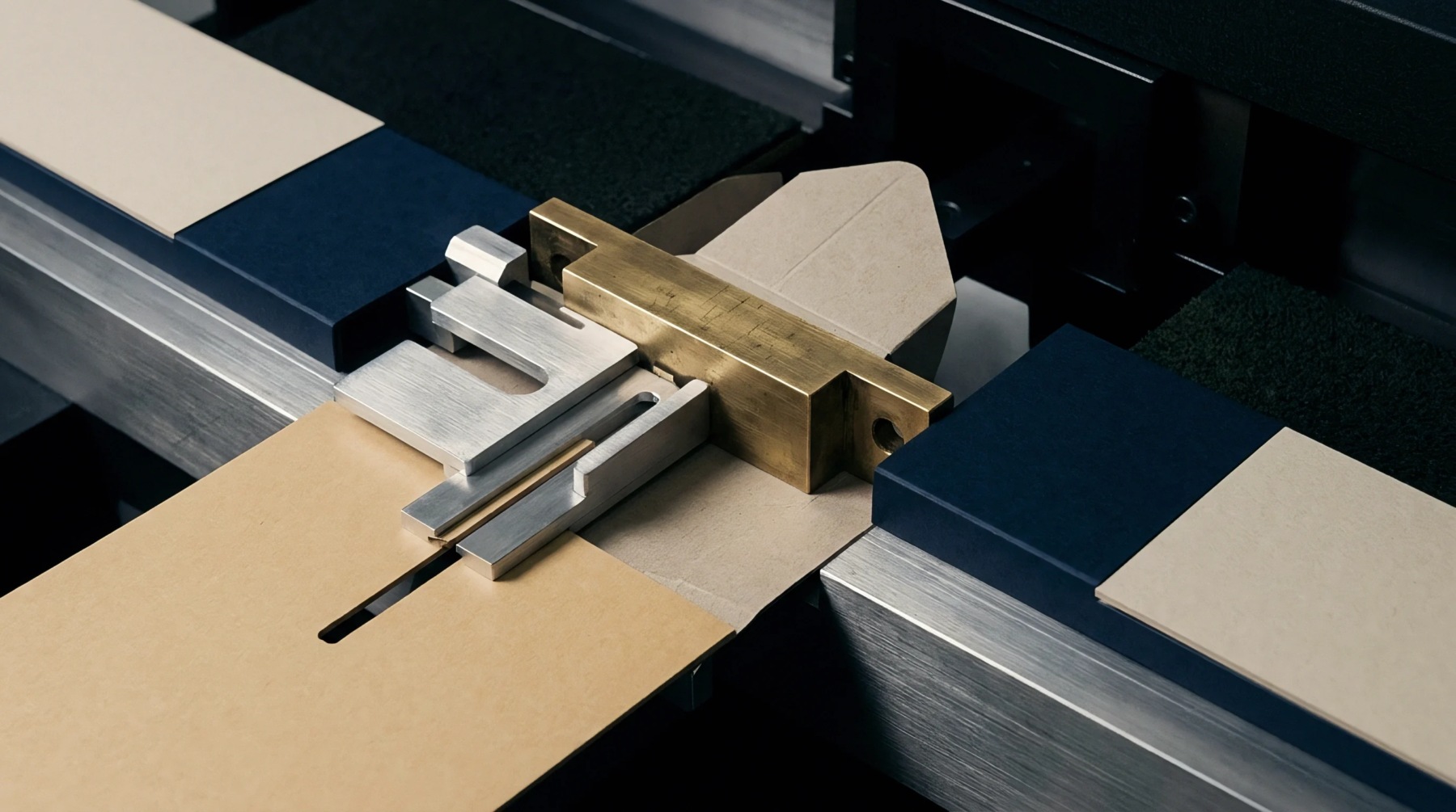 Precision metal alignment guides position a thick sheet of paperboard within an industrial converting machine for automated folding and packaging assembly processes.