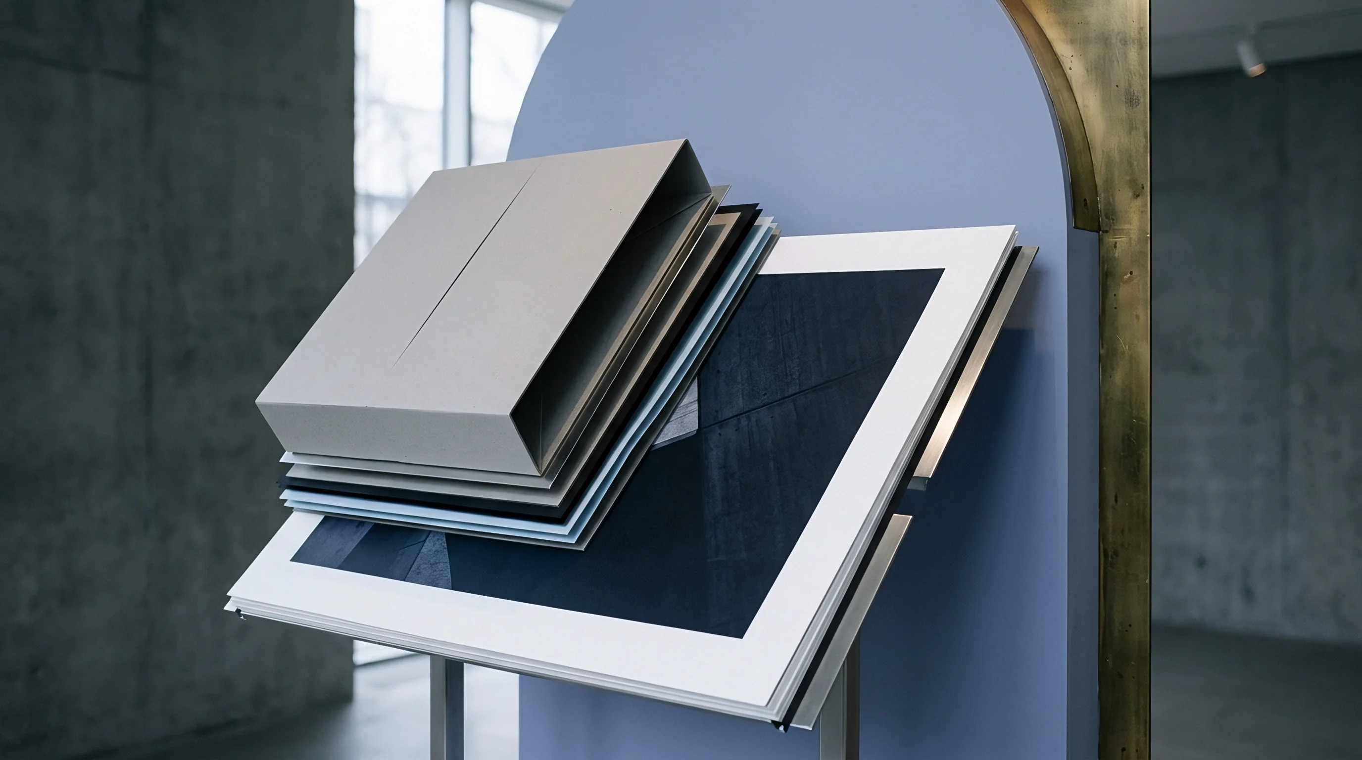 A tilted stack of varied paper stock and finished prints on a sleek metal display stand in a modern interior.