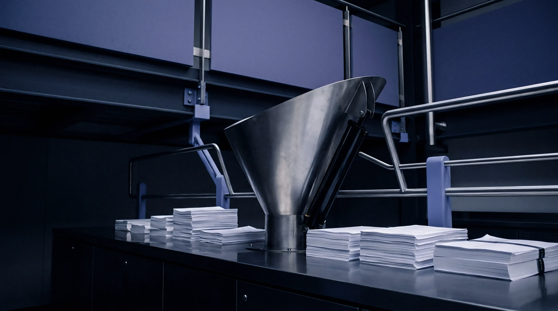 Stacks of white paper sheets flank a stainless steel hopper mounted on a dark industrial workstation.