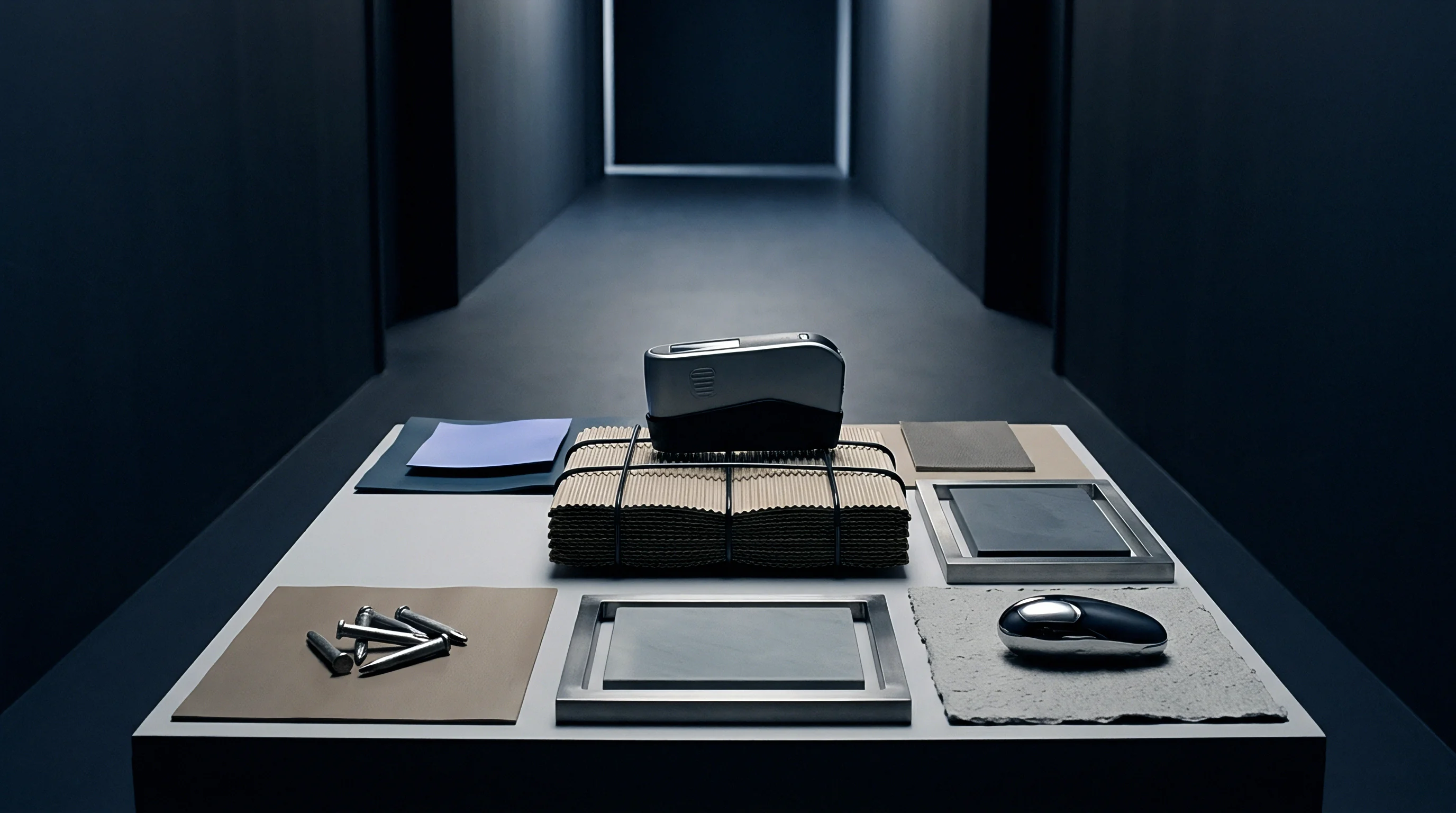 Various substrate samples, fasteners, and a metallic device are presented on a table in a minimalist hallway setting.