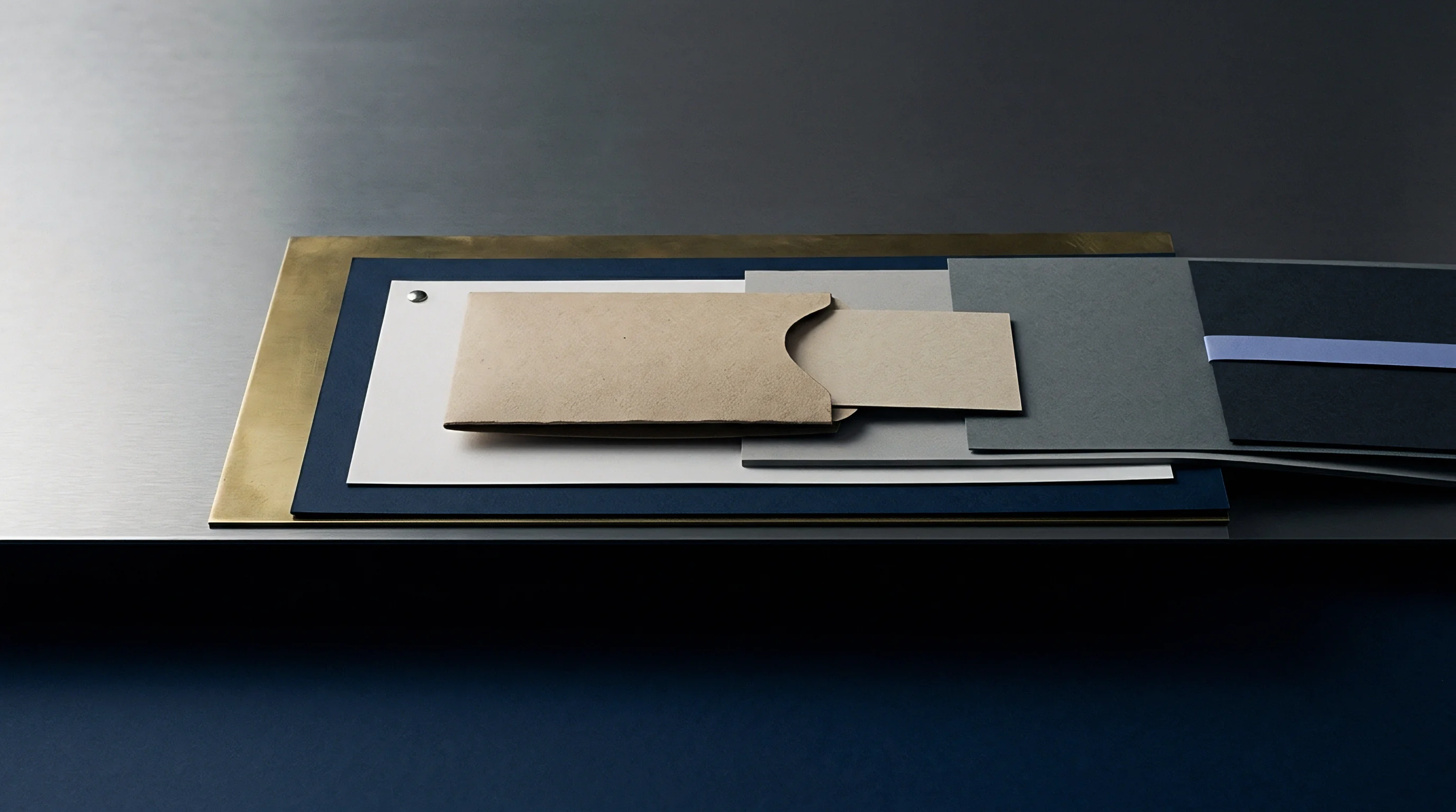 Various paperboard substrates and envelope mockups are arranged in overlapping layers on a dark grey surface.