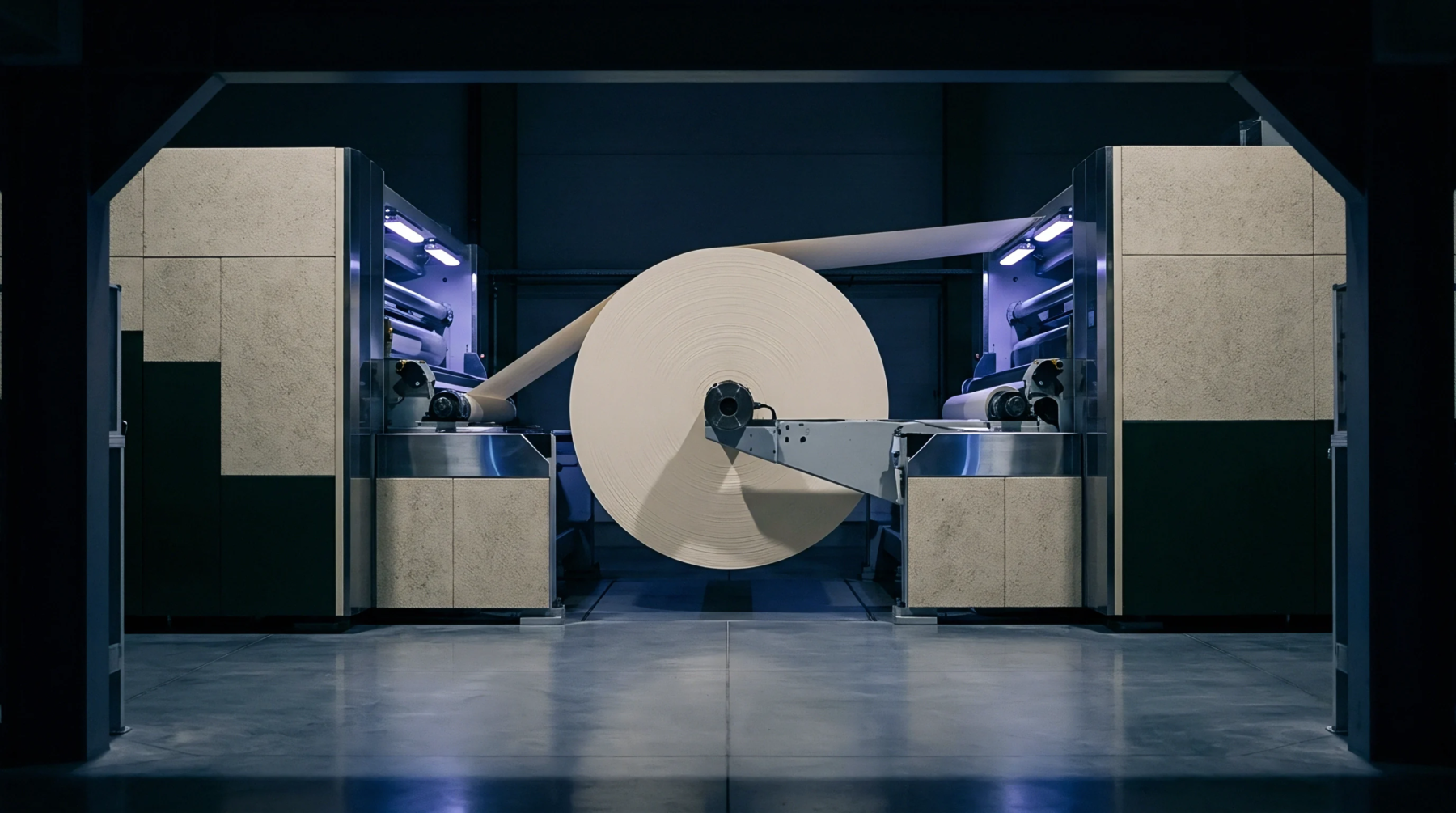 A large circular paper roll stands centrally mounted between two vertical mechanical towers inside a dimly lit industrial facility with clean concrete floors.