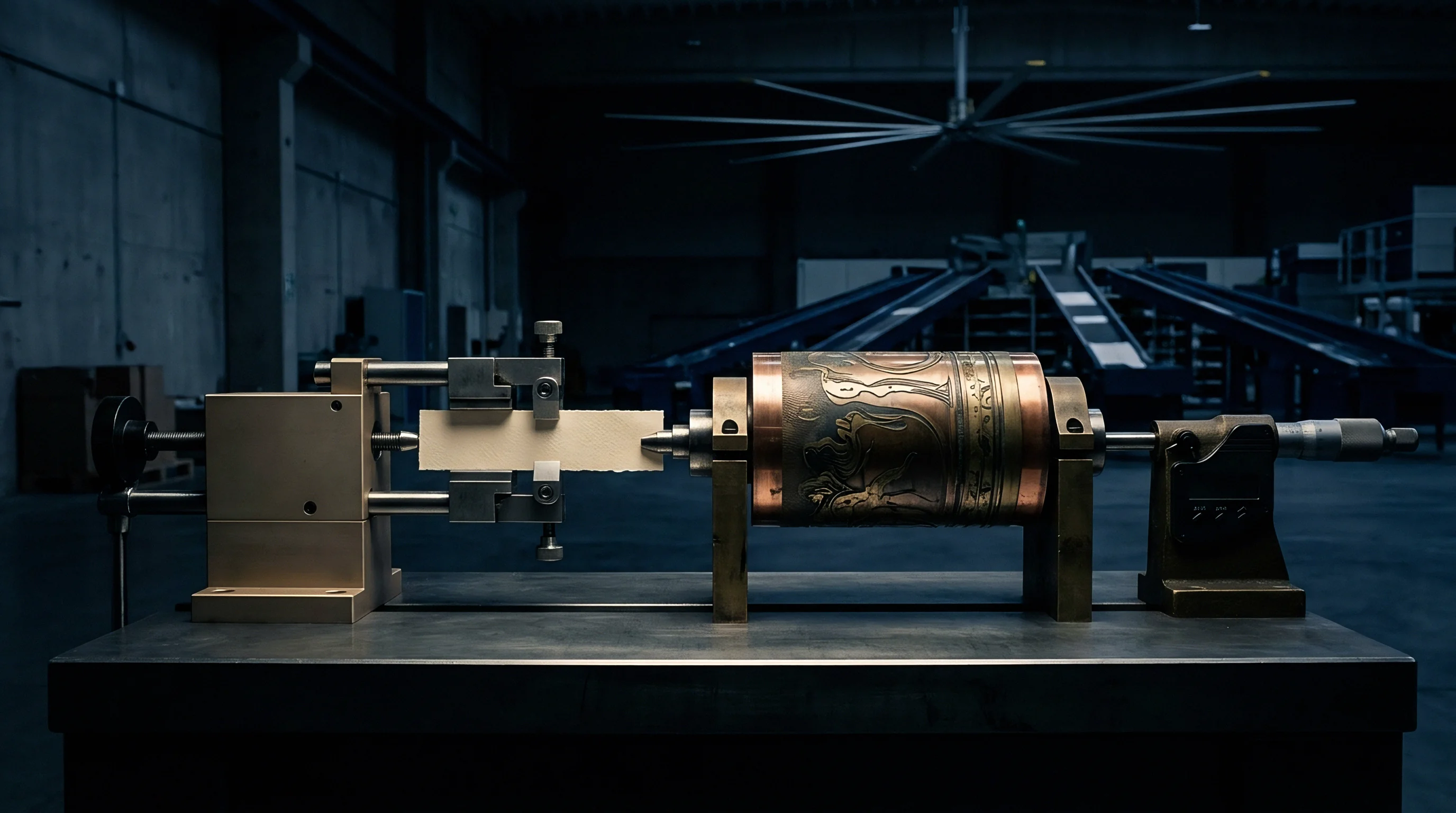 A metal laboratory testing apparatus holds a rectangular substrate strip in proximity to a rotating engraved cylinder within an industrial facility setting.