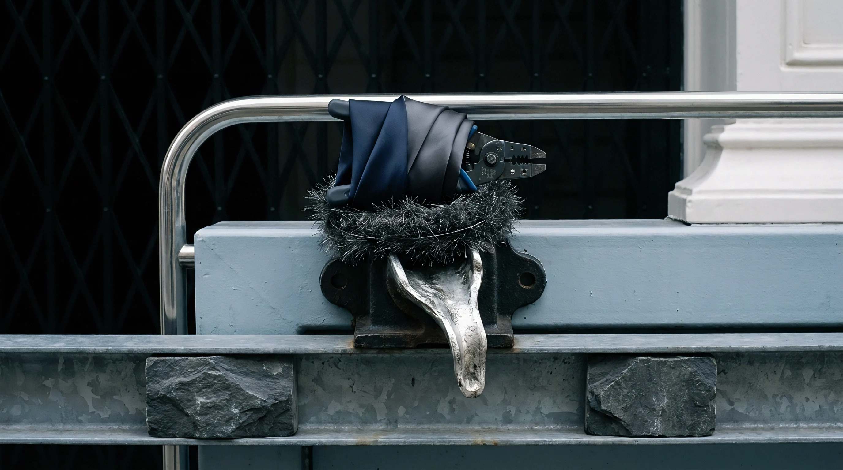 A dark blue and grey rolled fabric sample and wire stripping tool rest on a chrome rail above an industrial metal fixture with stone supports.