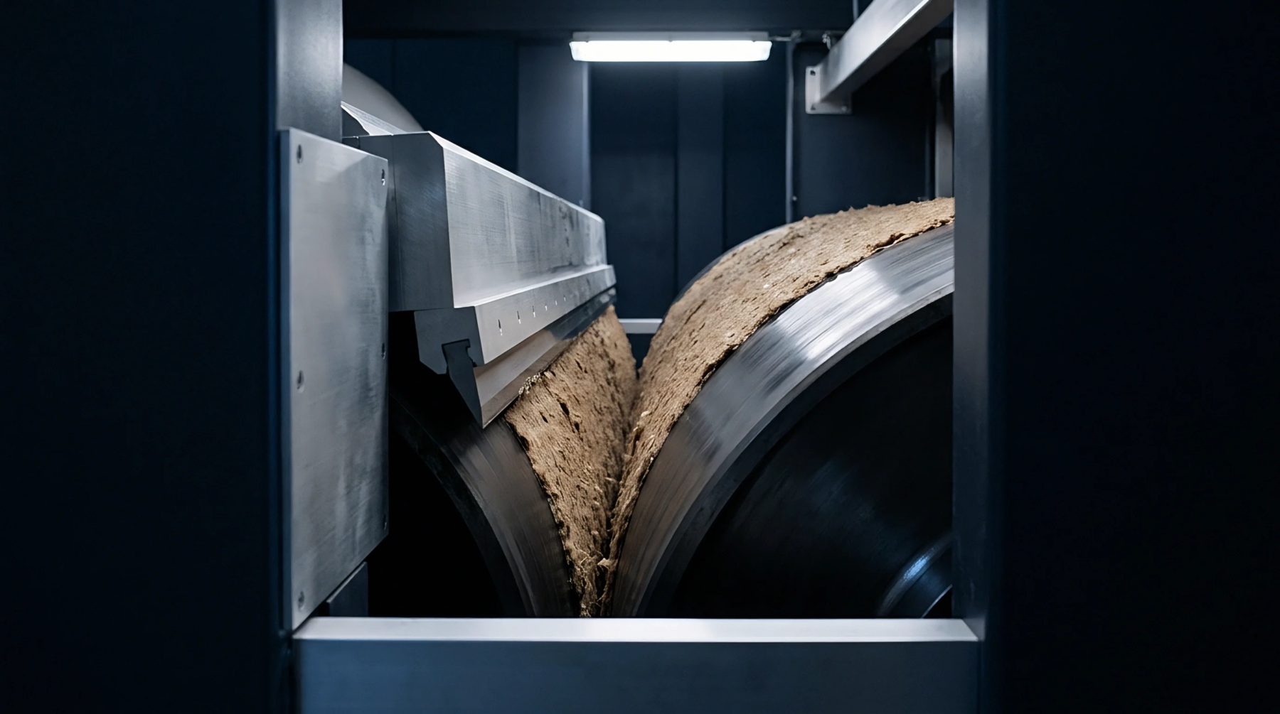 Industrial refining machinery features two large rollers pressing a mass of organic fiber into a dense, compacted material.