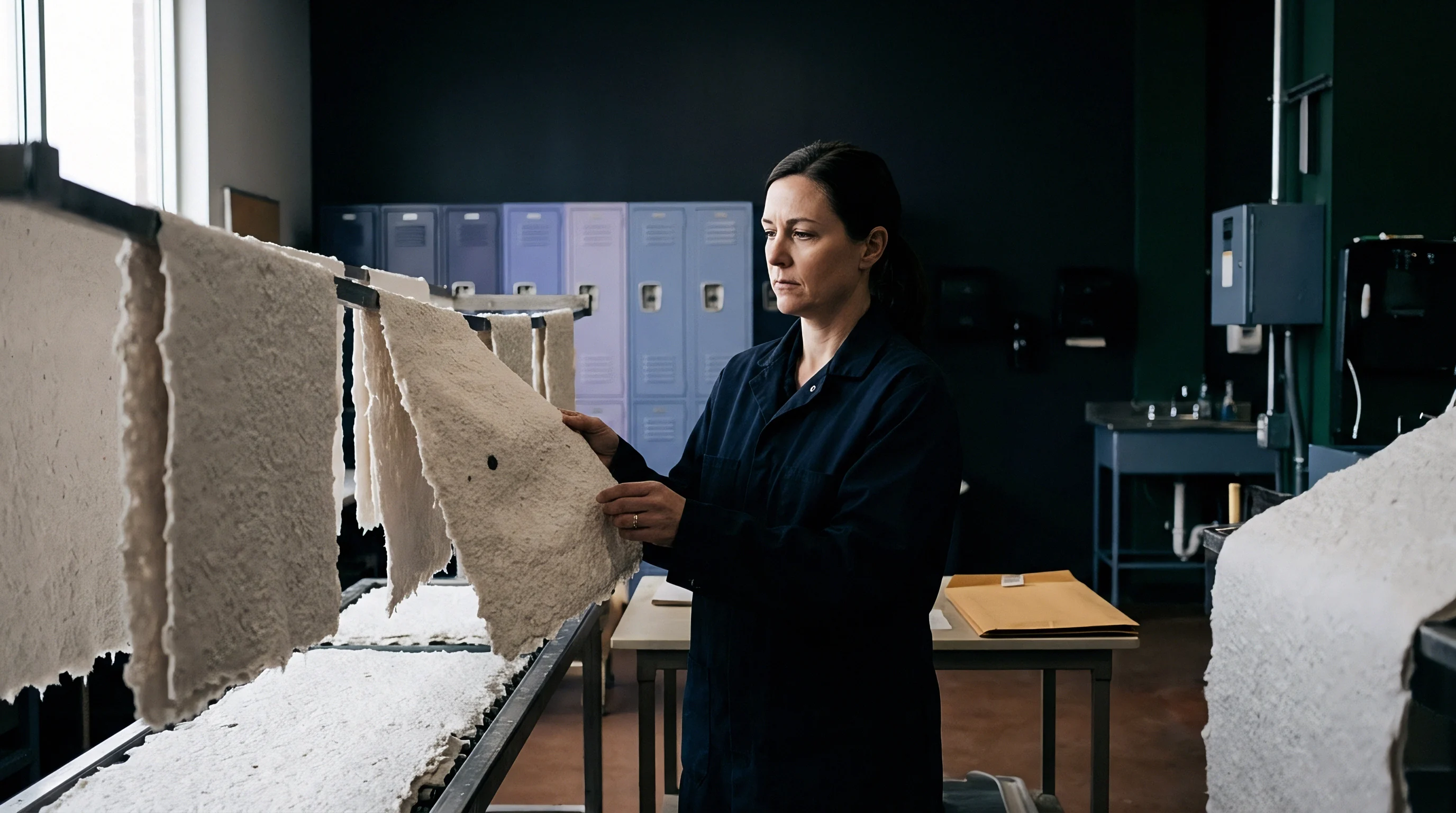 A technician inspects a sheet of textured handmade paper hanging alongside others in a production studio designed for small scale converting.