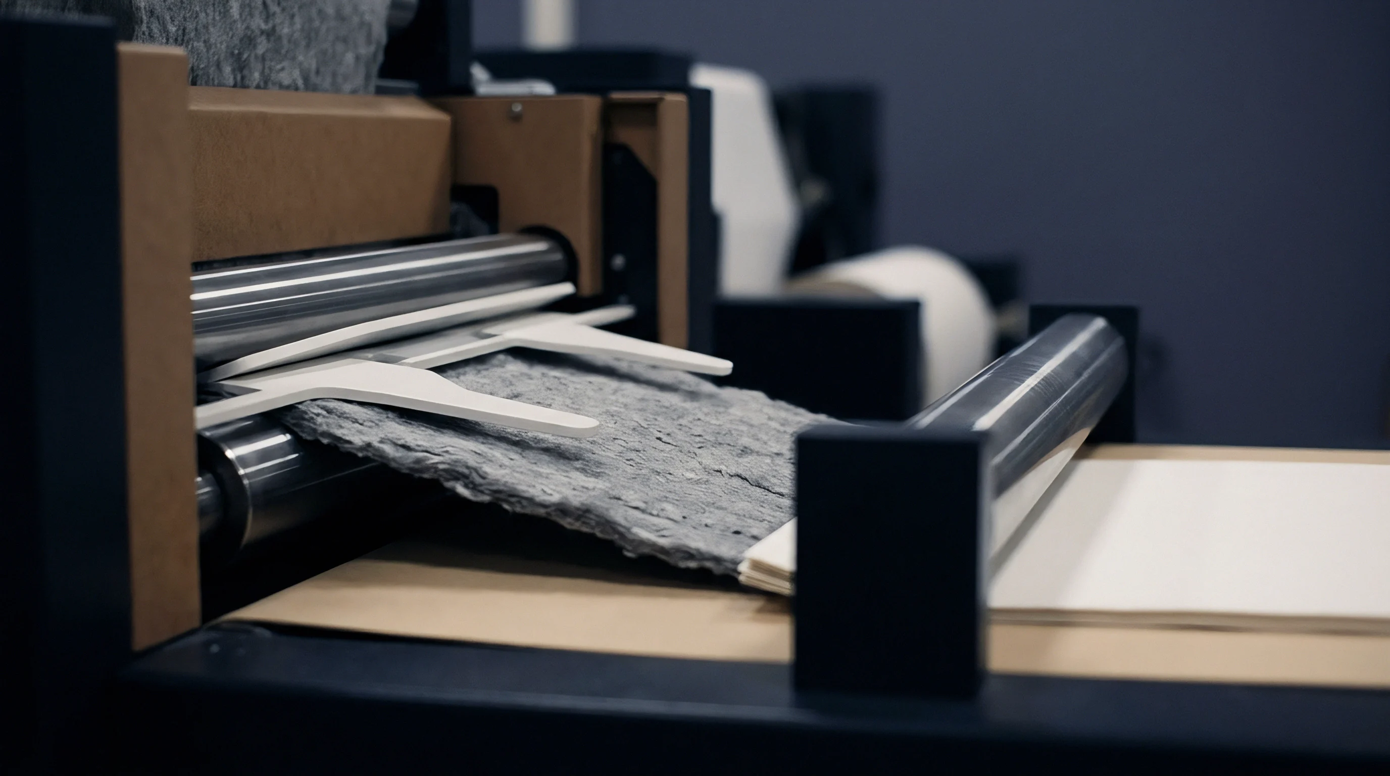 A textured gray fibrous sheet travels along a conveyor into rollers to meet a smooth white substrate layer for integrated production.