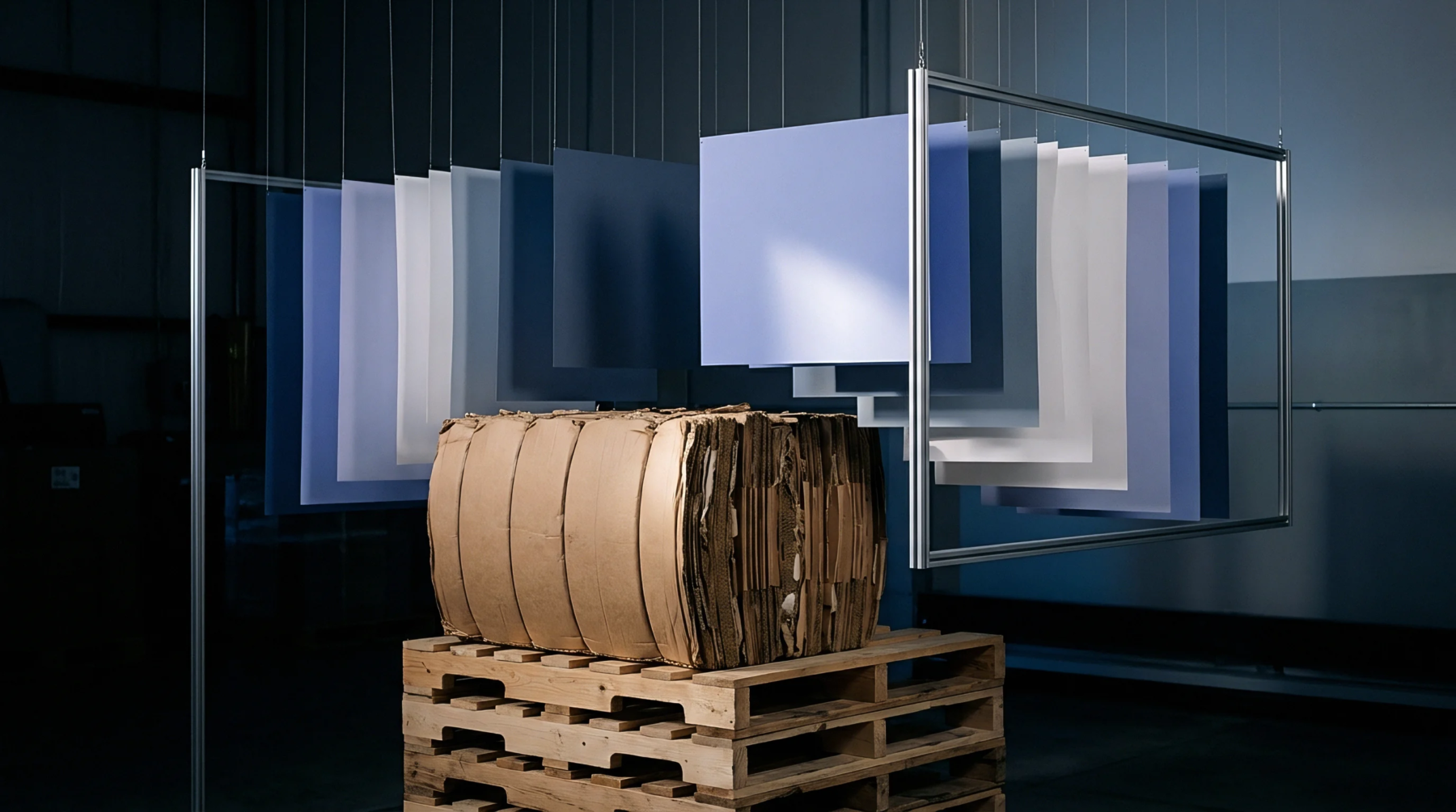 A compressed cardboard bale rests on a wooden pallet beneath rows of colored substrate sheets suspended within metal frames in a facility.
