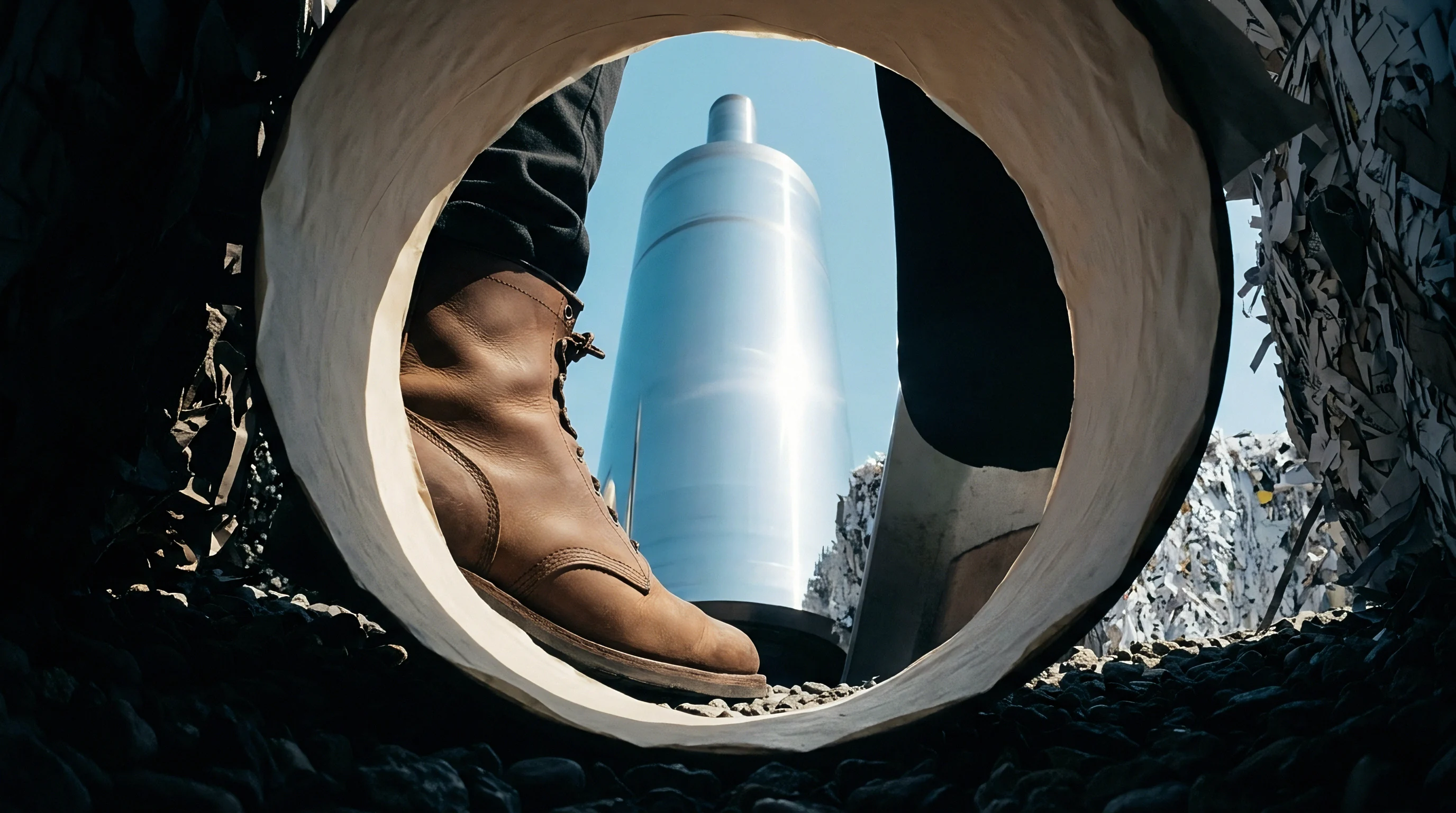 A brown boot steps through a circular opening revealing a large metallic cylinder and a backdrop of shredded paper waste.