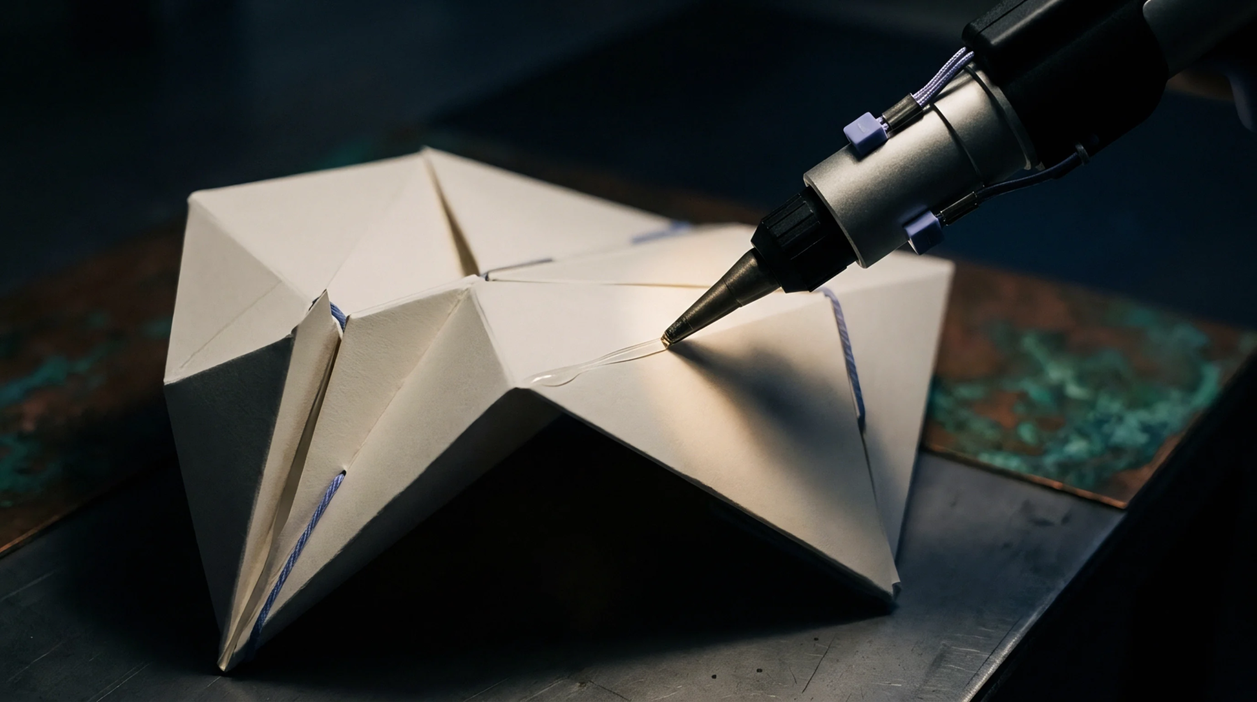 A precision dispensing nozzle applies a line of liquid adhesive to a white geometric paper structure resting on a metal workbench.