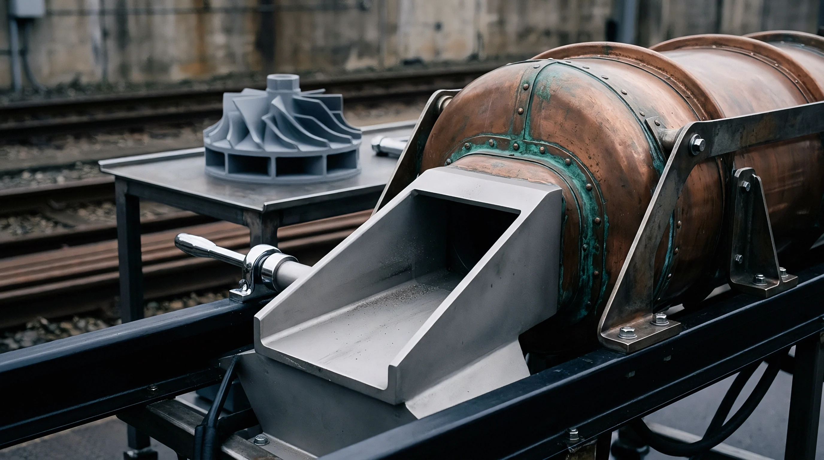 A heavy copper rotary vessel with green oxidation sits near a steel feed chute beside a multi-bladed impeller on a table.