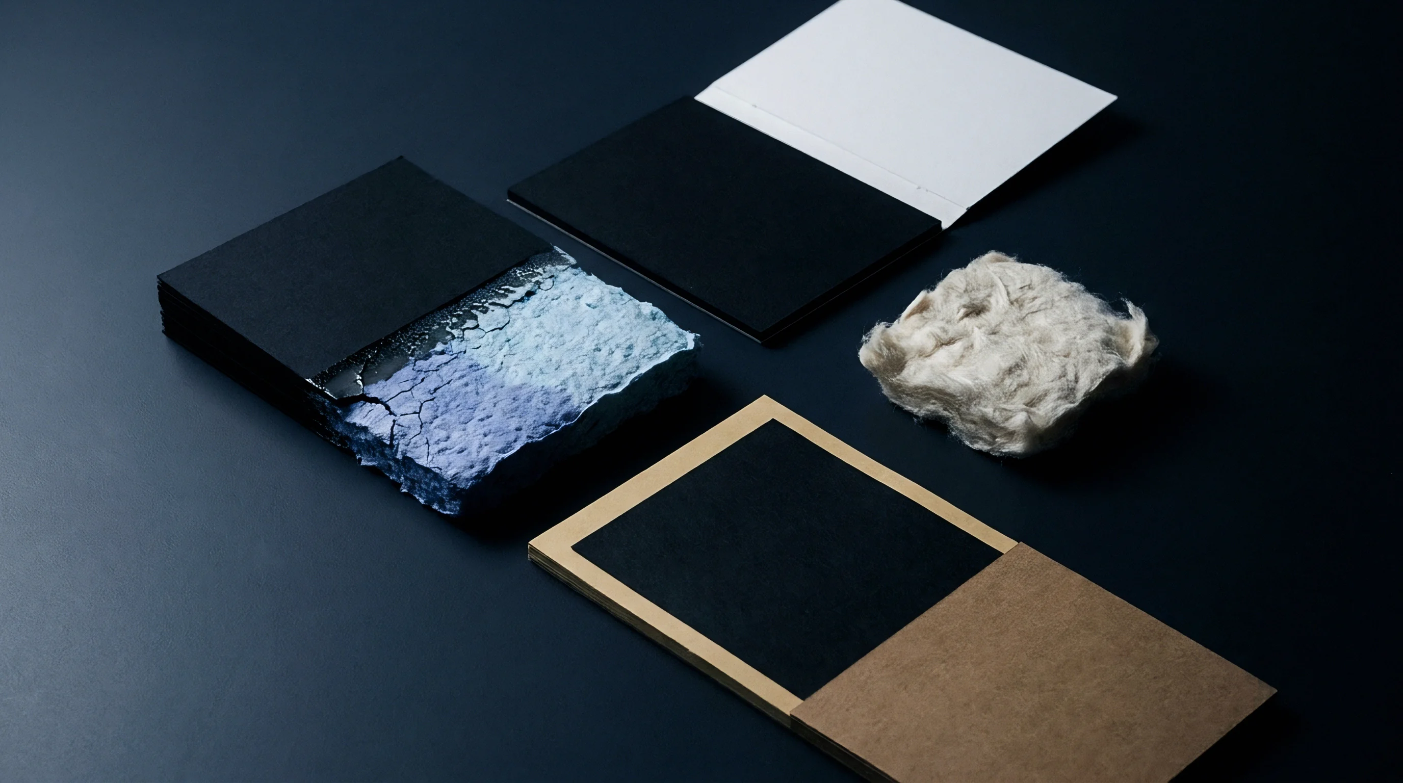 Four material specimens featuring black paper stocks raw fiber clusters and blue textured substrates lie on a smooth dark grey surface.