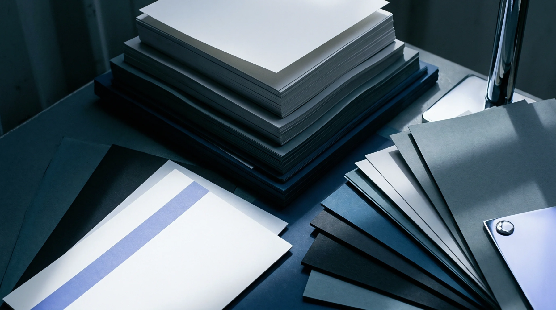 Layered paper substrates and fanned color swatches rest on a dark production surface alongside heavy stock dummy assemblies.