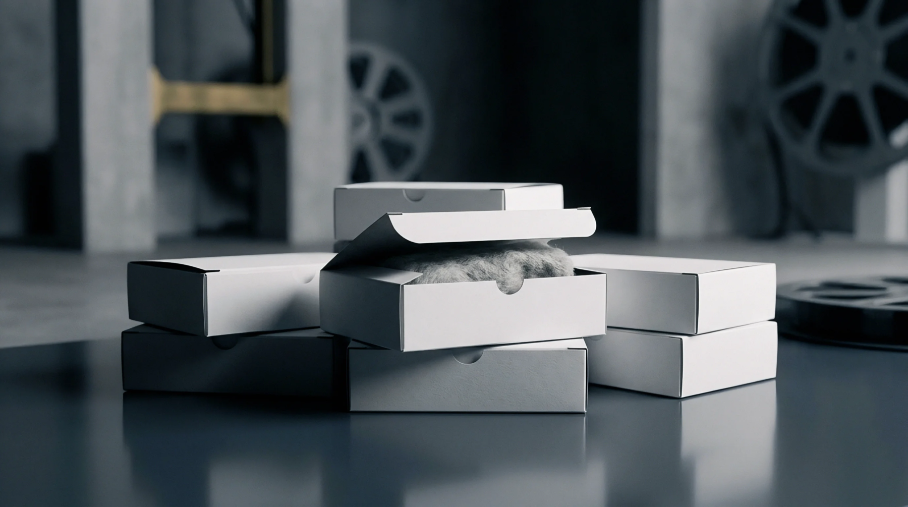 Digital render displays several white folding paperboard cartons arranged on a dark surface alongside an open box revealing fibrous padding.