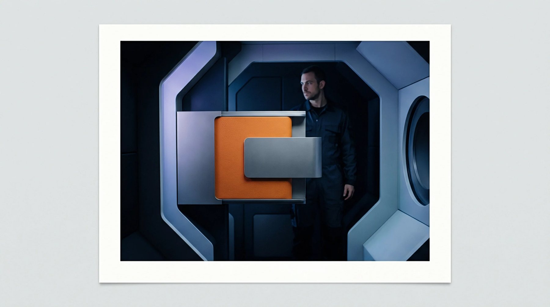 Precision formed orange paperboard substrate modules and metallic grey converting panels appear in a digital render within a production facility.