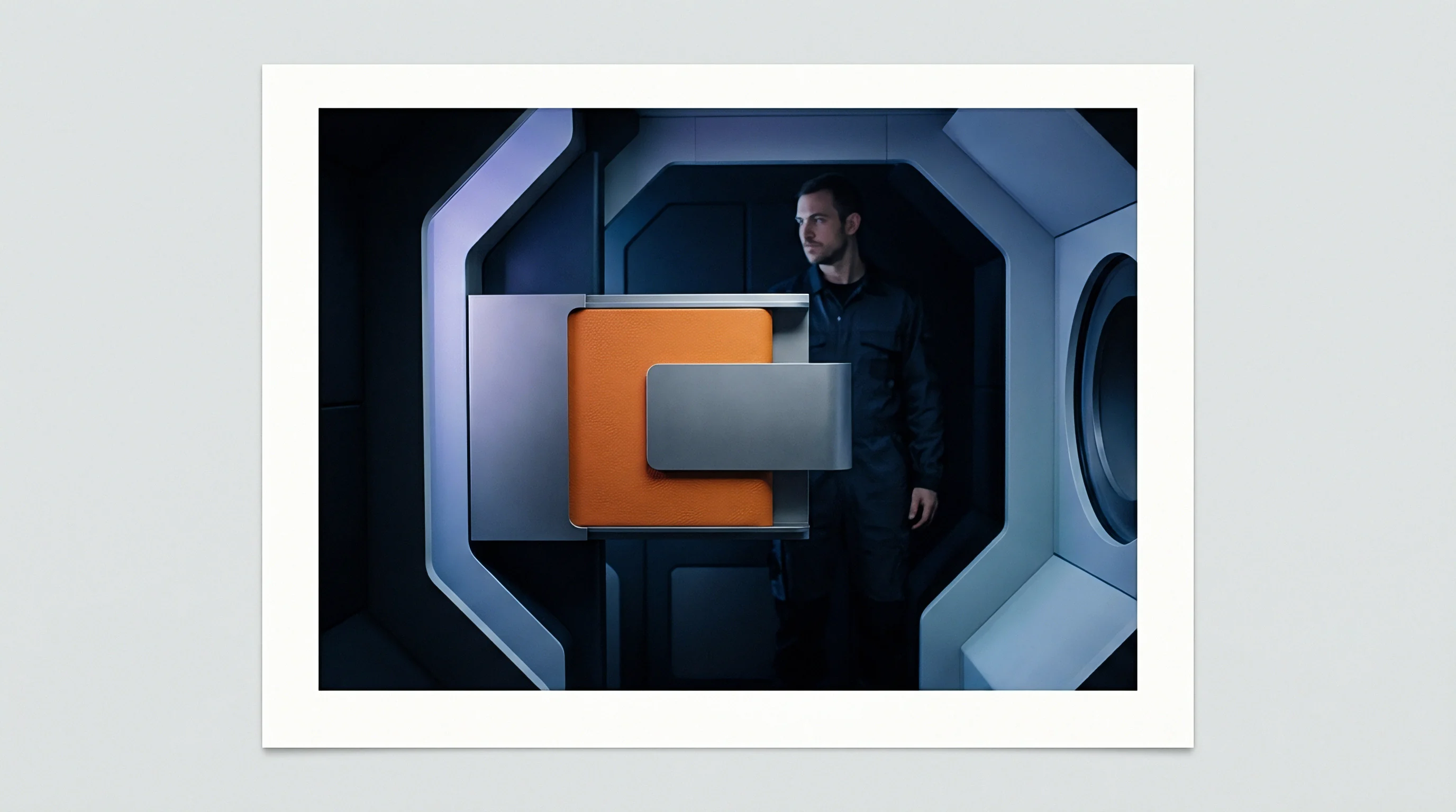 Precision formed orange paperboard substrate modules and metallic grey converting panels appear in a digital render within a production facility.