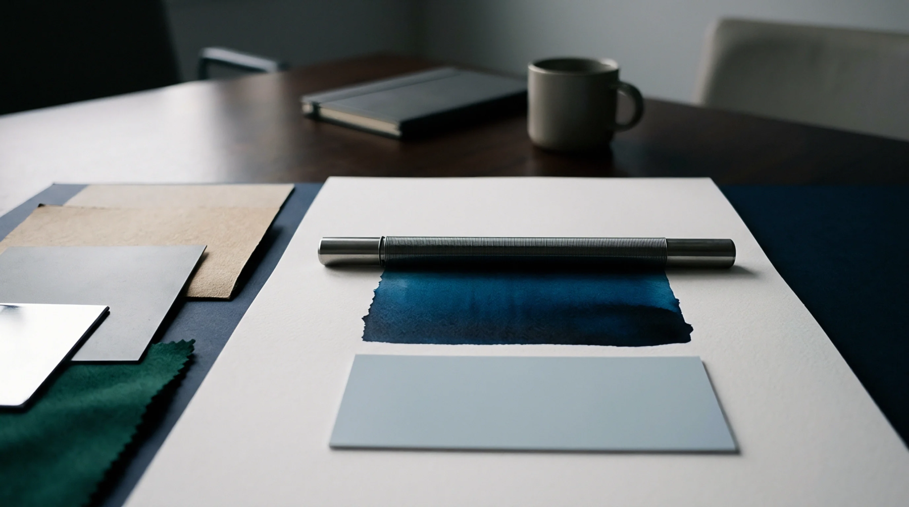 A heavy tool rests above a blue ink application on thick white paper next to varied cardboard samples and textile swatches on office furniture.