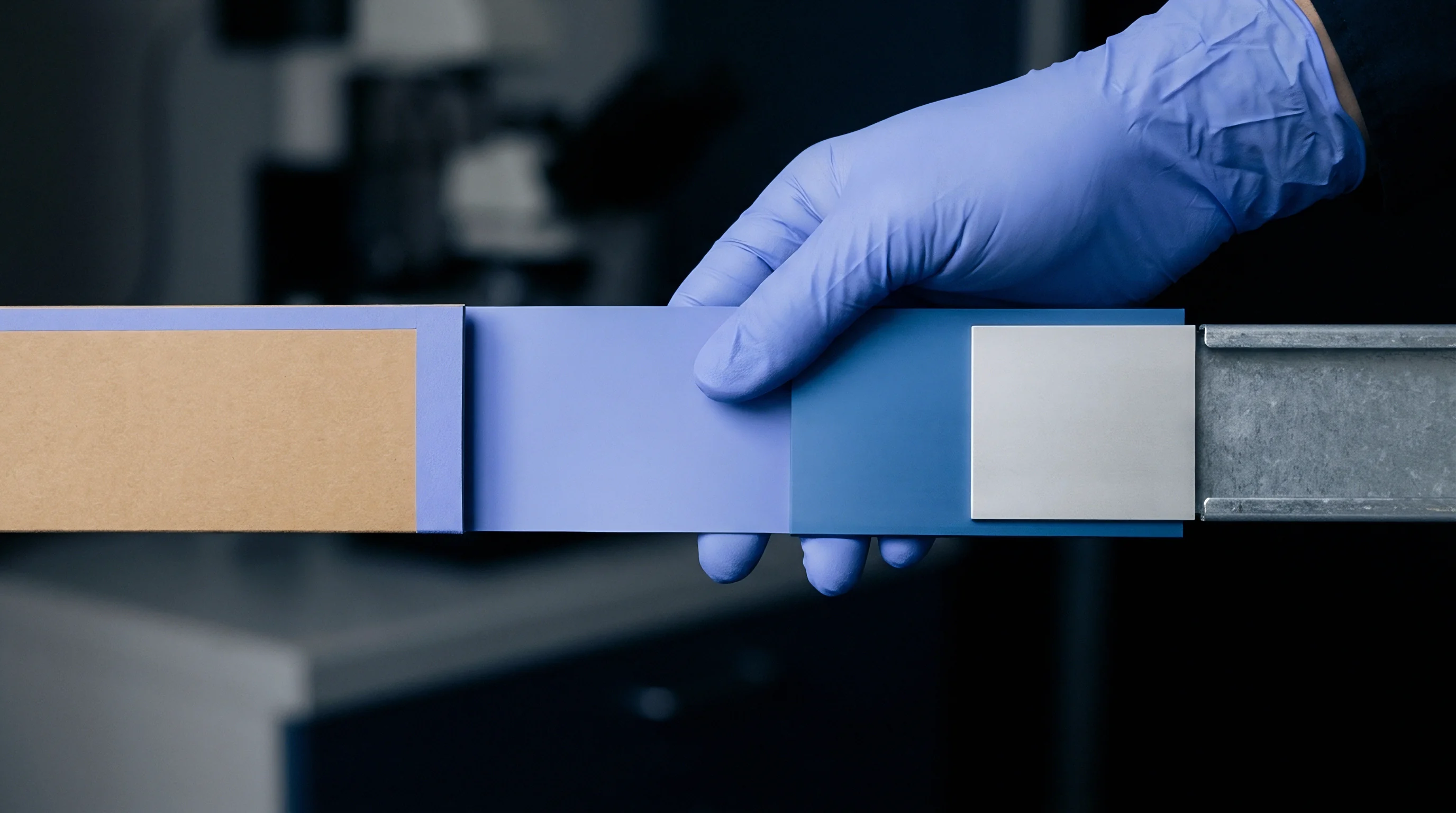 A gloved hand inspects aligned substrate samples spanning brown kraft paper and colored polymer coatings mounted on a mechanical testing track.