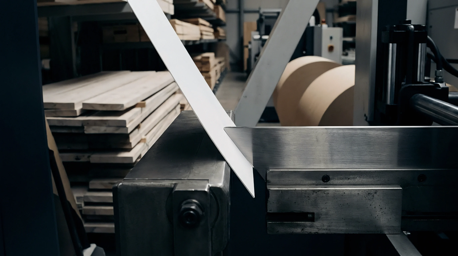 A steel blade descends onto a rigid white substrate as it moves across a flat metal bed inside a printing and conversion facility.