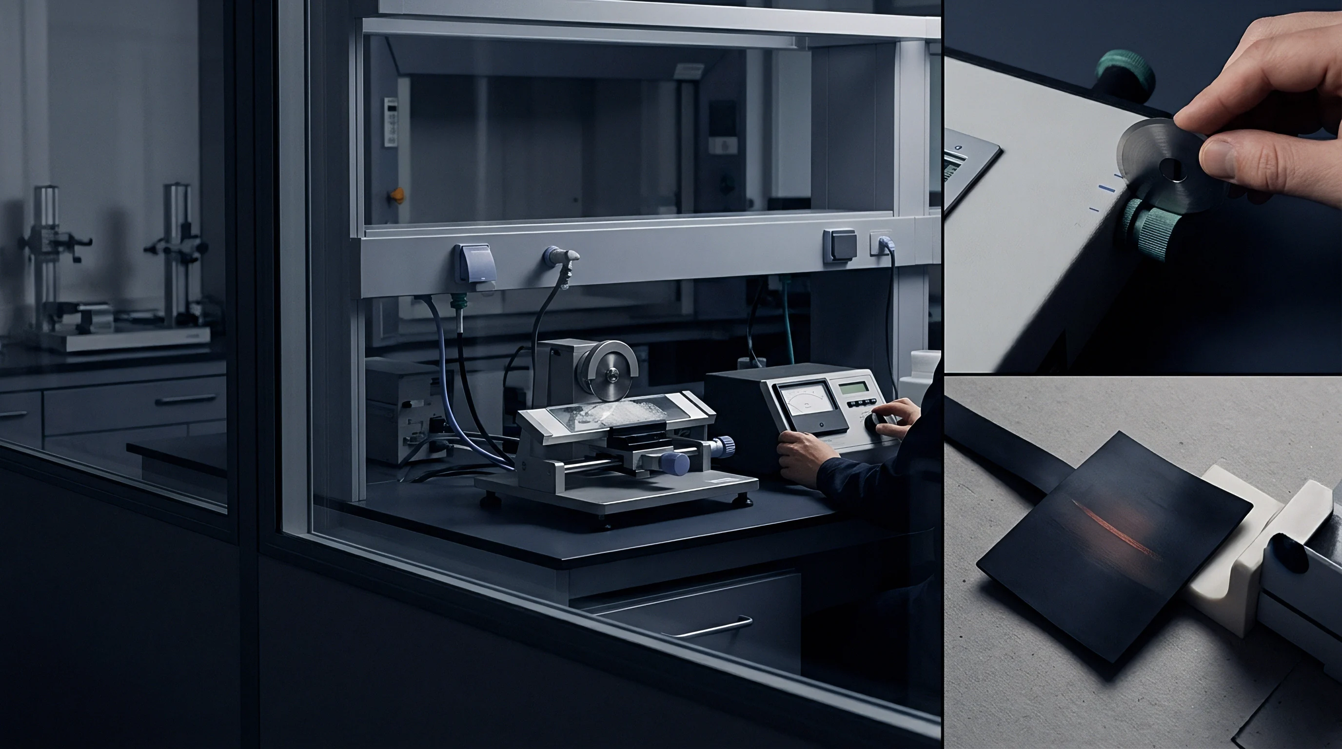 A technician operates specialized laboratory equipment to prepare substrate cross sections for strict quality assurance evaluations.