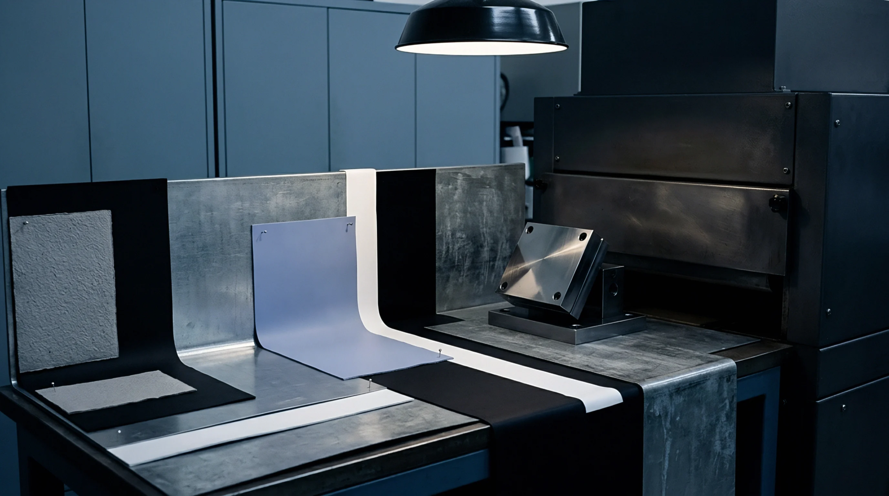 Diverse paper and polymer sheet samples lie arranged on a metal workbench beside an industrial curing oven for coating certification.