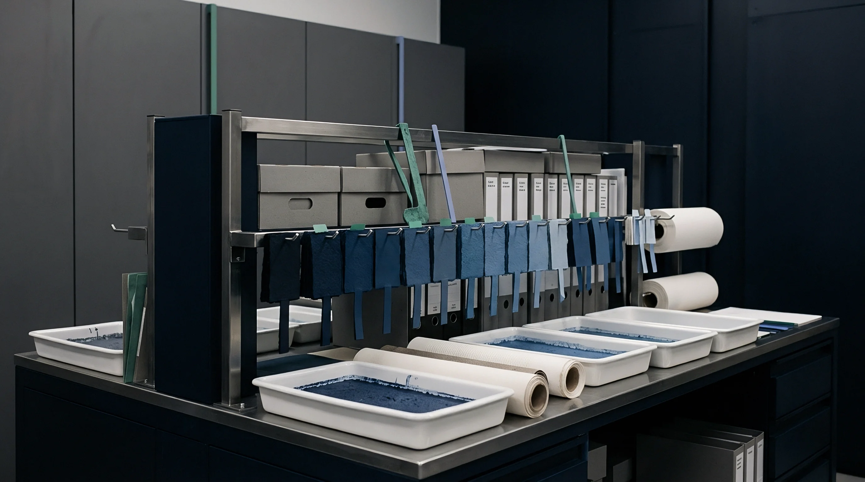 Varying blue gradient samples hang on a metal rack above multiple white trays containing a dark blue liquid treatment solution.