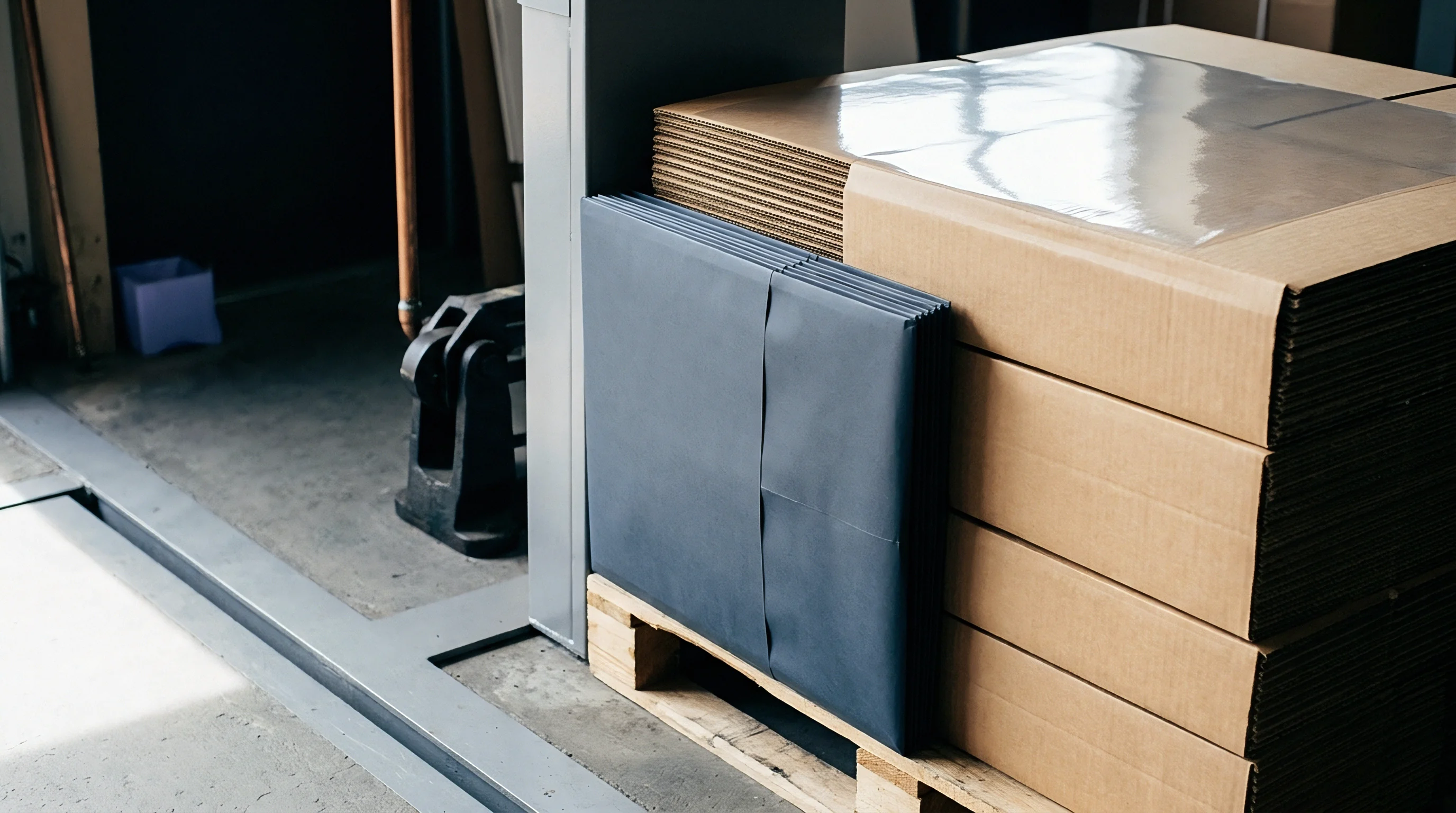 Stacks of cut gray substrate sheets and flattened corrugated fiberboard boxes are arranged on a wooden pallet within an industrial setting.