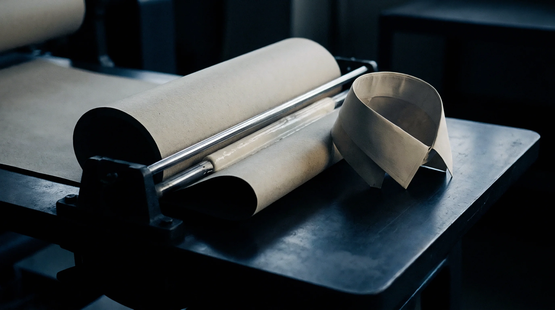 A heavy steel roller feeds kraft paper stock next to a stiff white detachable collar resting on a metal workshop table.