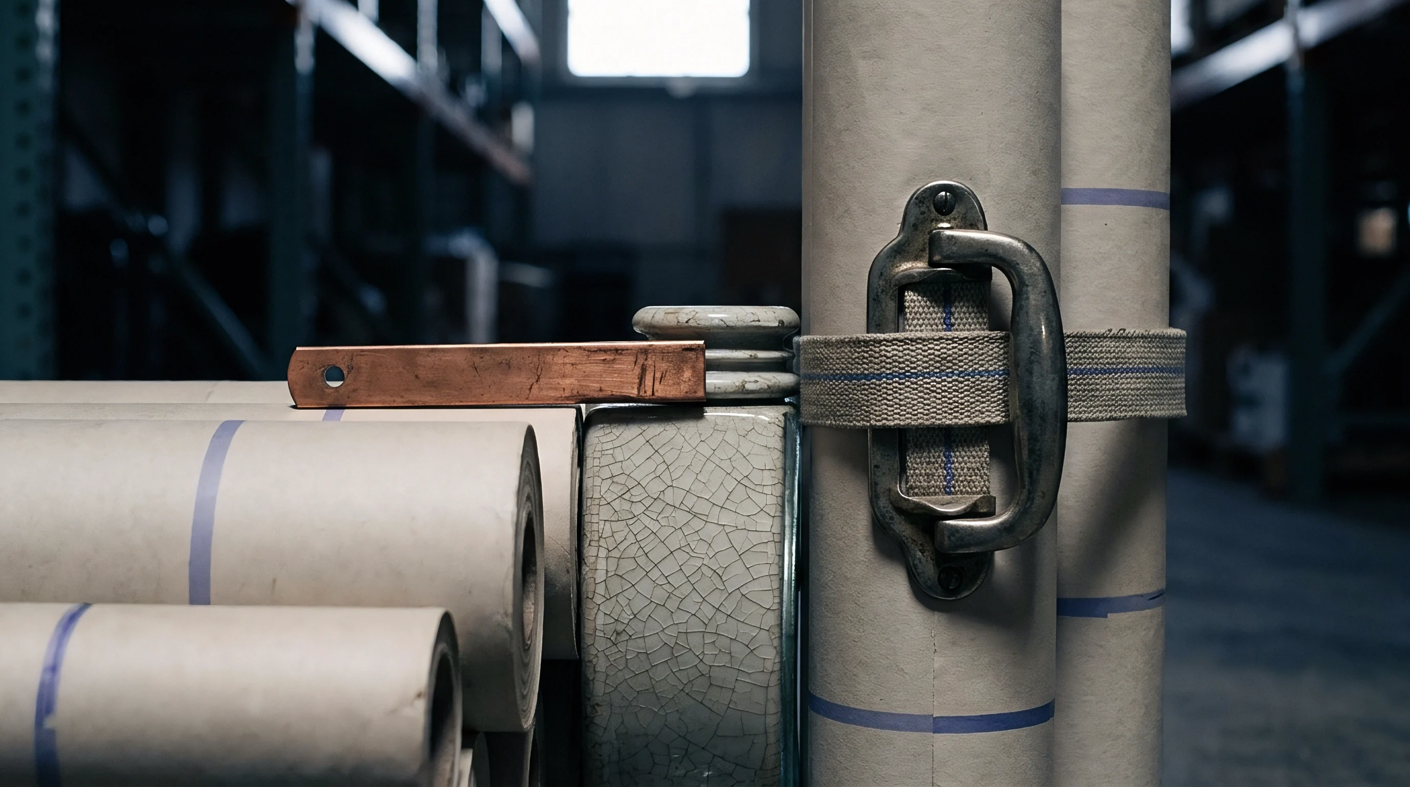 Heavy paper rolls rest horizontally beside a vertical web roll secured with a woven strap in an industrial converting warehouse.