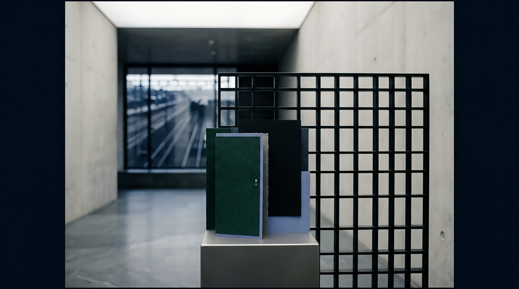 Digital rendering features textured paperboard substrate samples arranged on a metallic pedestal inside a raw concrete corridor beside a black grid screen.