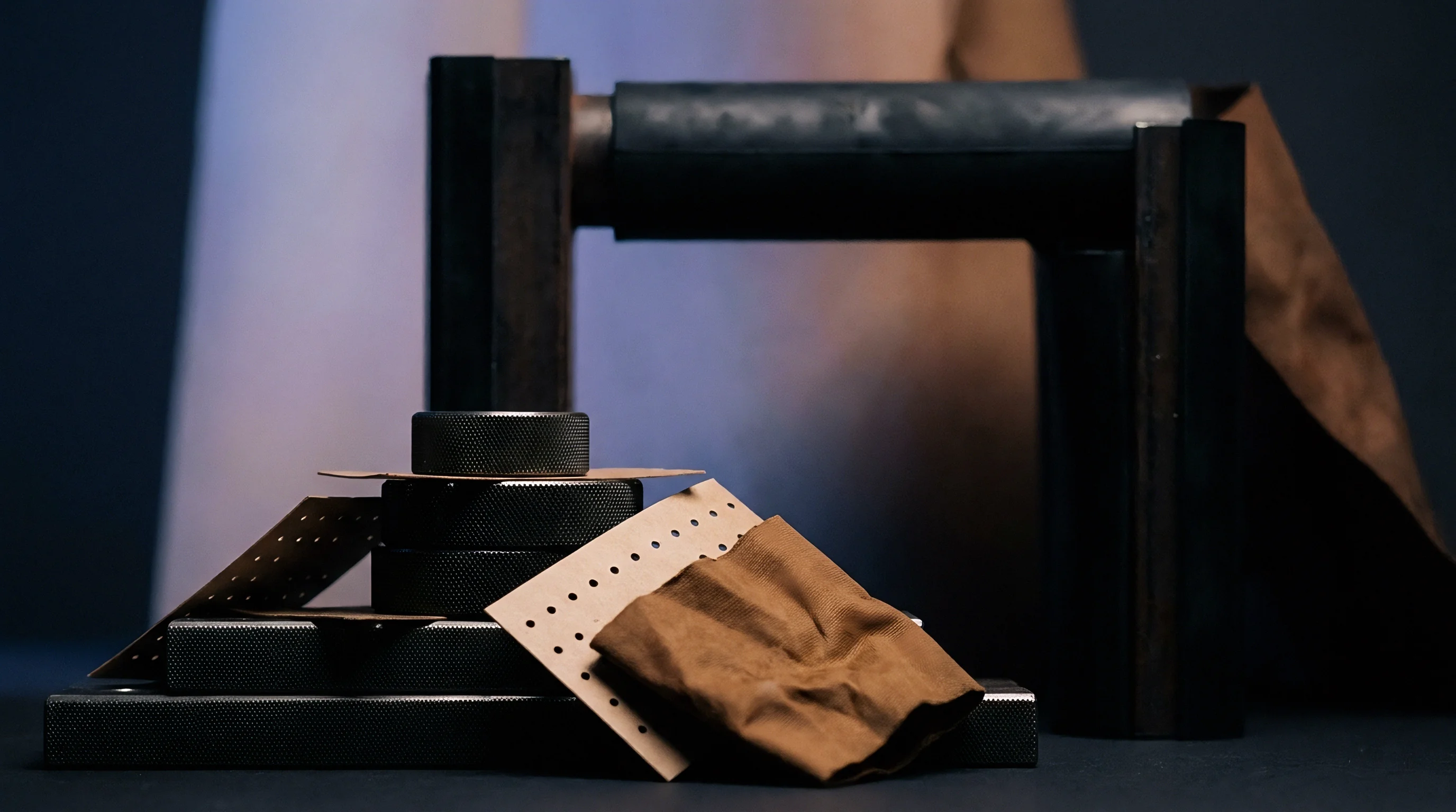 Metal calibration weights and perforated paperboard sheets sit arranged with textured brown packaging substrates on a dark industrial surface.