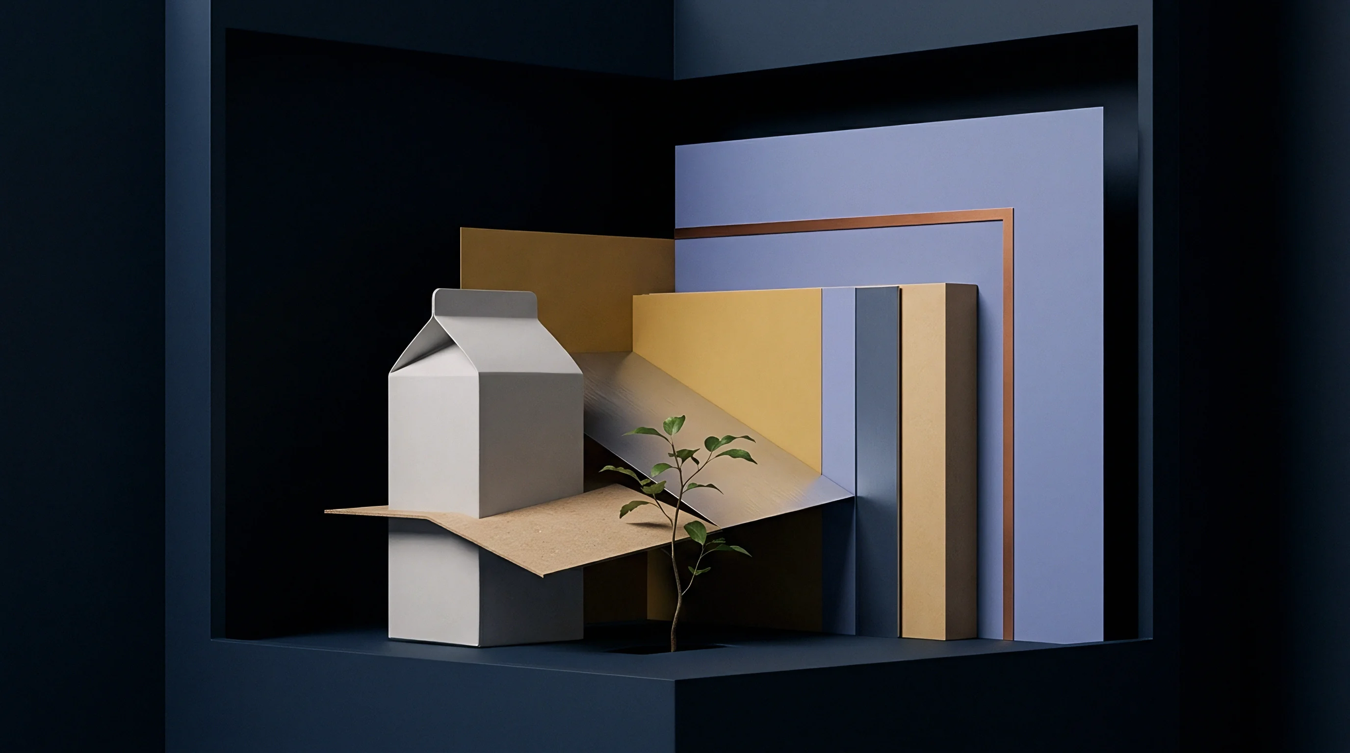 A gable top paperboard carton rests on folded corrugated substrate beside a young green seedling inside a blue architectural display niche.