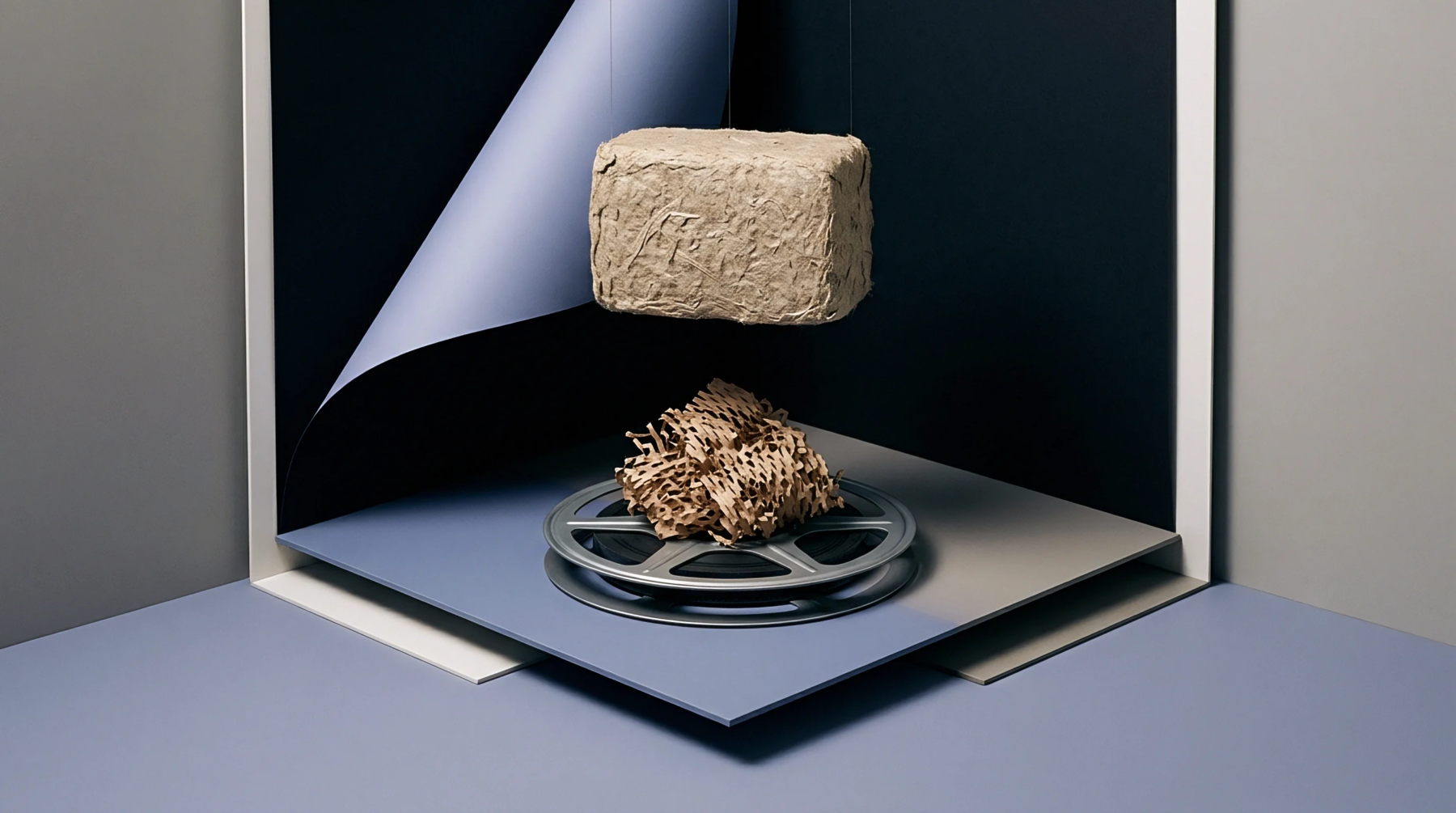 A suspended block wrapped in crumpled, textured paper floats above a pile of honeycomb shredded paper packaging on a film reel.